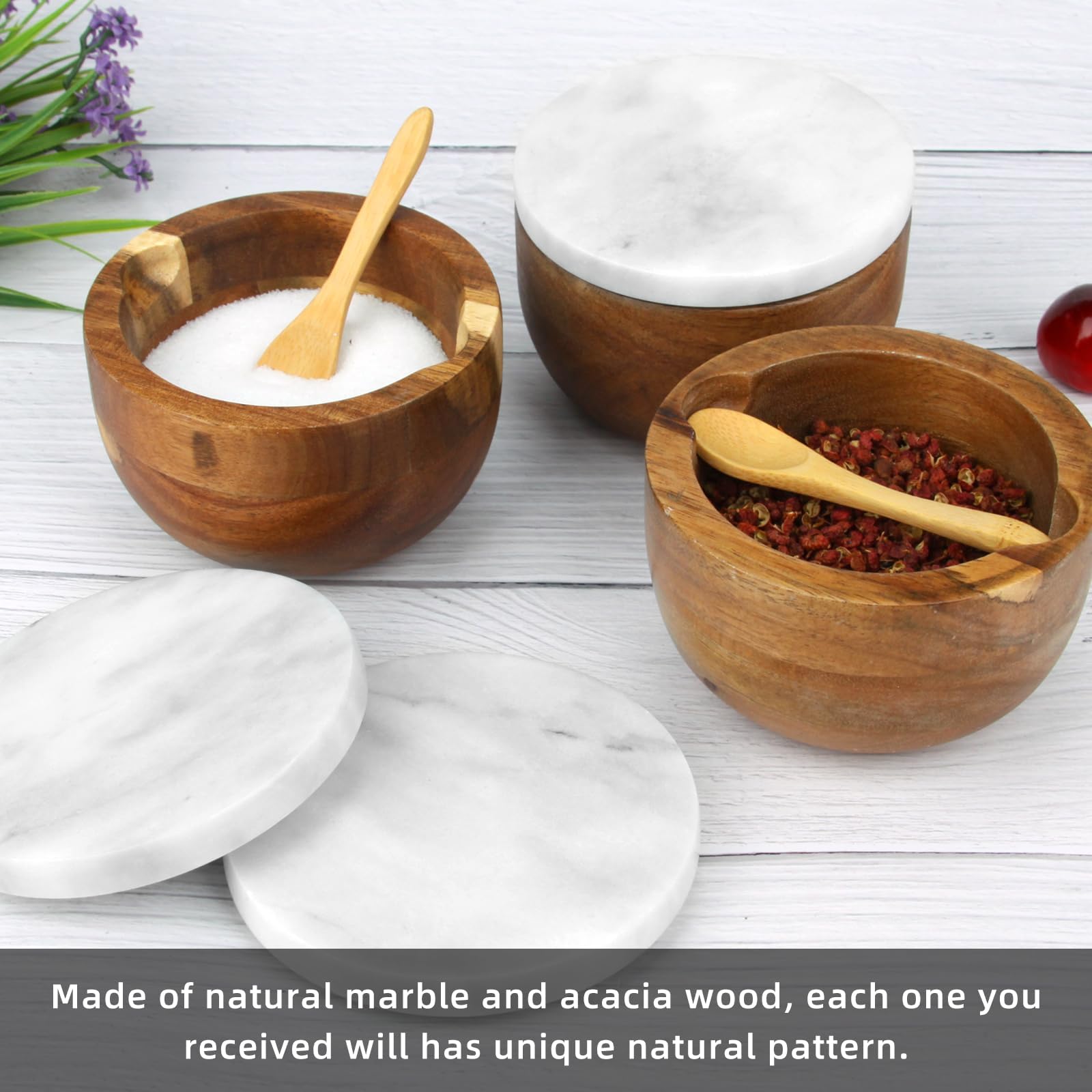 Salzdose Marmor mit Holzdeckel und Löffel Salz- oder Pfefferstreuerschale aus Stein, Salzstreuer, Salzbehälter Gewürzbehälter, Behälter, Behälterhalter, Behälter für die Küche (Schwarze Schüssel)