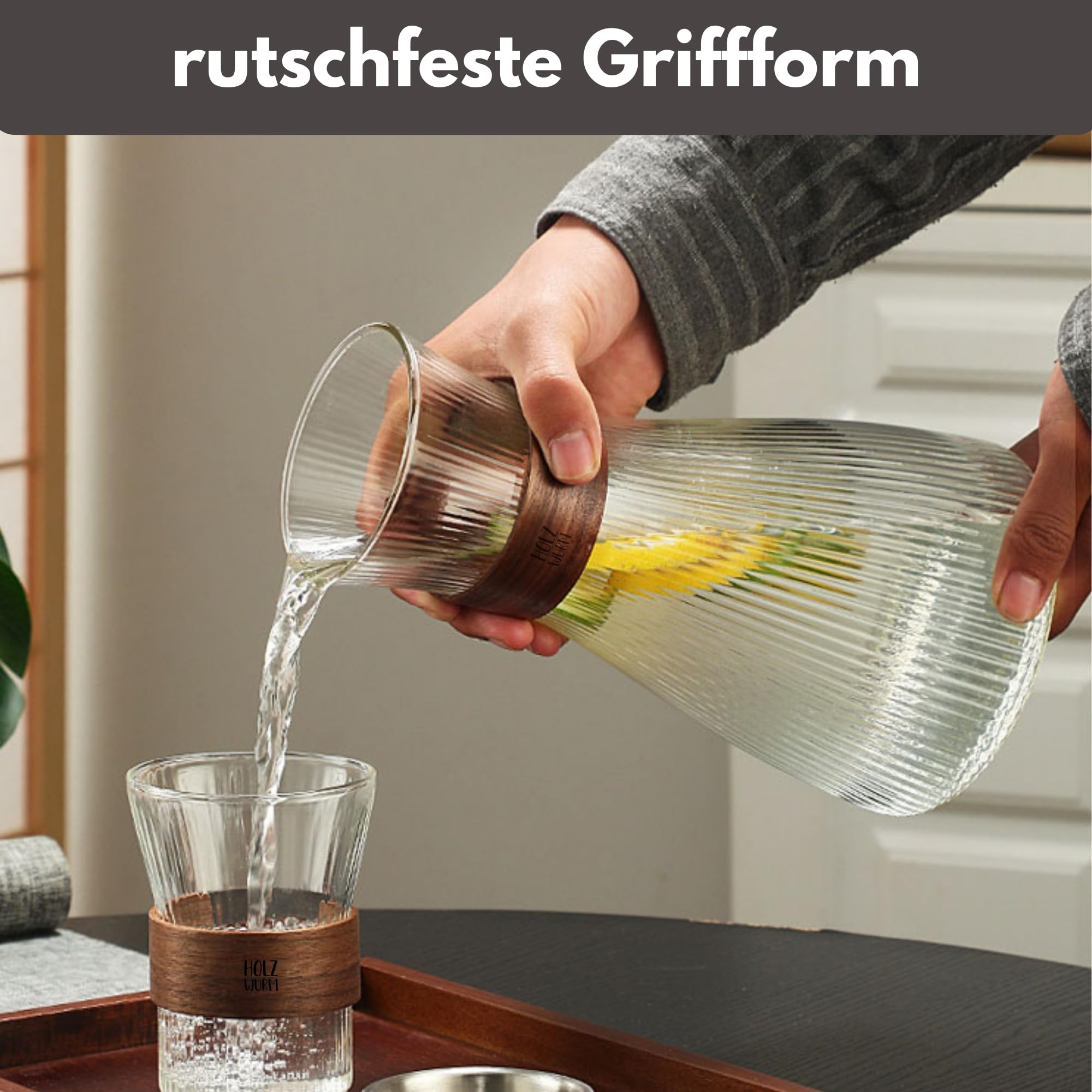 Holzwurm Glass Carafe 1 L - Ribbed Water Carafe with Walnut Wooden Coat, Elegant Water Carafe for Home and Office