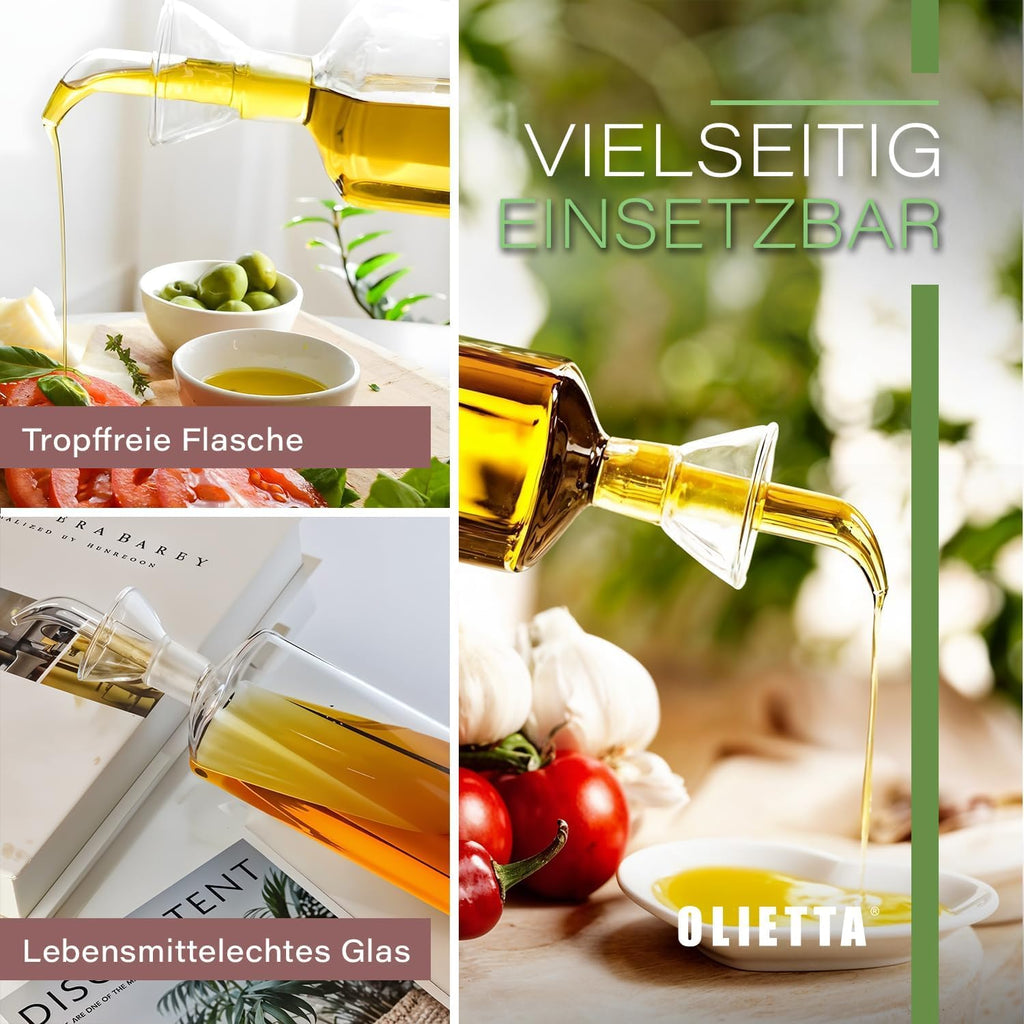 Olietta Ölflasche Tropf- und auslaufsichere aus Glas 500 ml Olivenöl Flasche mit Ausgießer - Ölspender zum Ausgießen & Träufeln - Leicht zu reinigen - Öl Dosierflasche