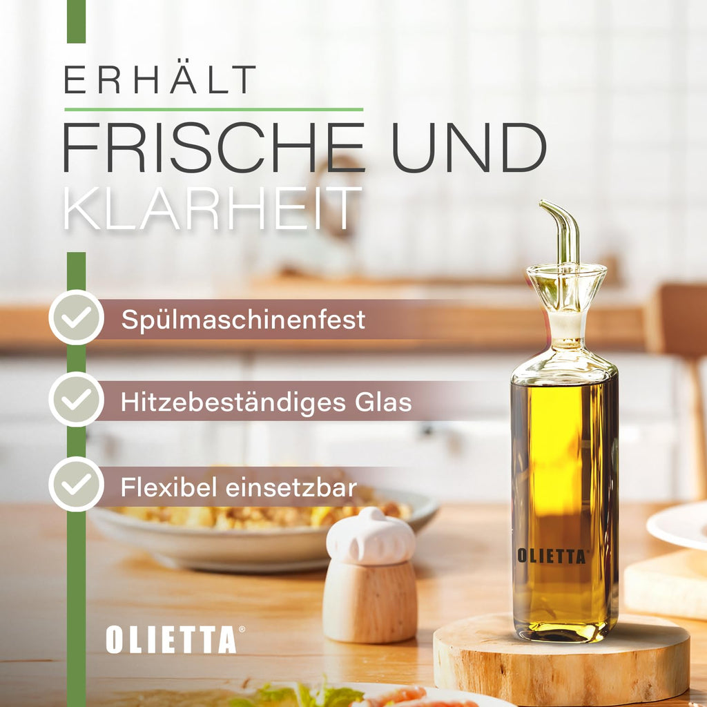Olietta Ölflasche Tropf- und auslaufsichere aus Glas 500 ml Olivenöl Flasche mit Ausgießer - Ölspender zum Ausgießen & Träufeln - Leicht zu reinigen - Öl Dosierflasche