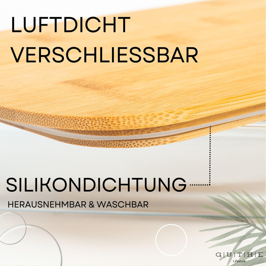 GUTHE Lifestyle Set of 3 Food Storage Boxes for Fridge Glass, Stackable Food Storage Containers with Wooden Lid, Casserole Dish Set, Sausage and Cheese Storage