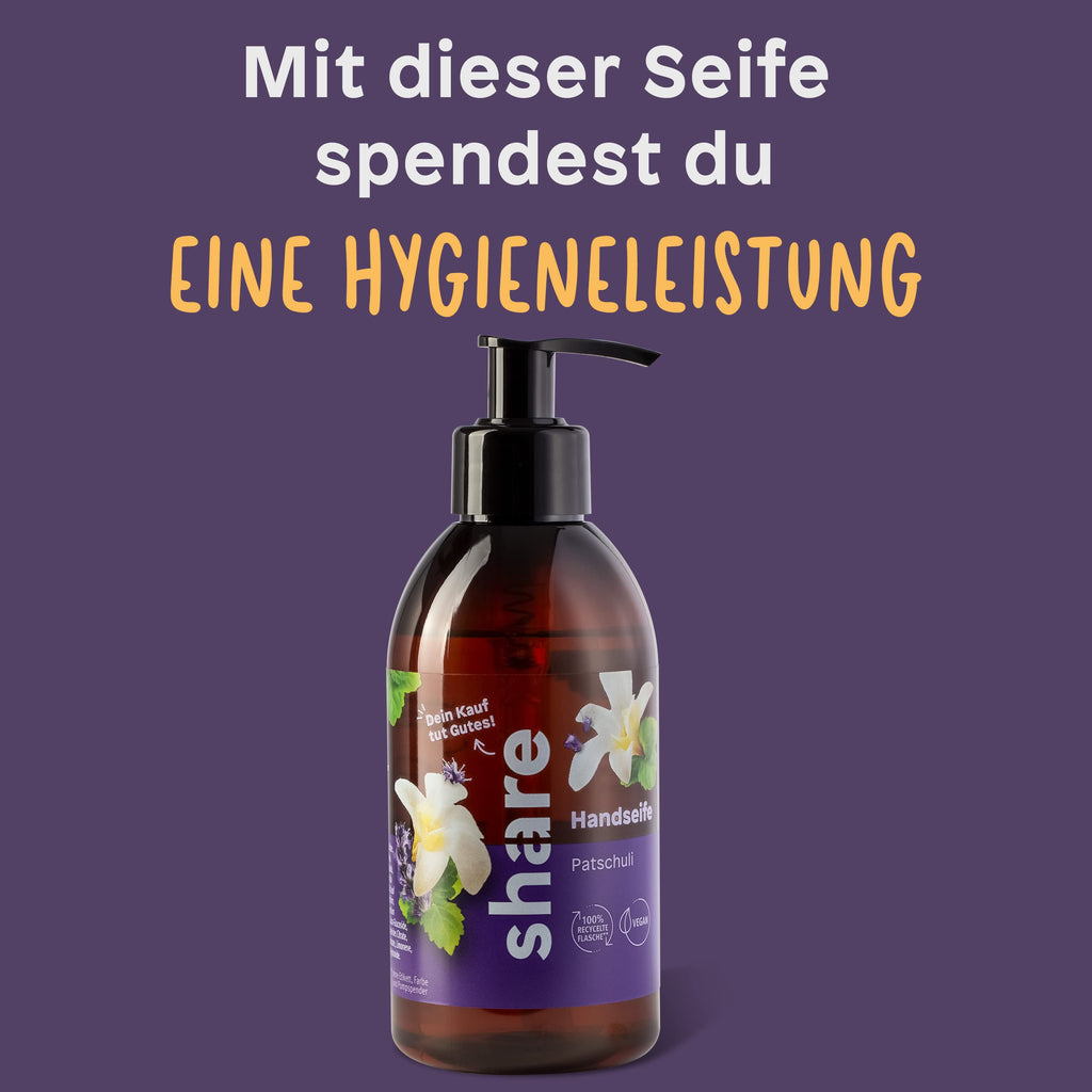 share Flüssigseife Patschuli 250 ml – Seife spendet ein Hygieneprodukt an einen Menschen in Not – vegane Handseife im Seifenspender