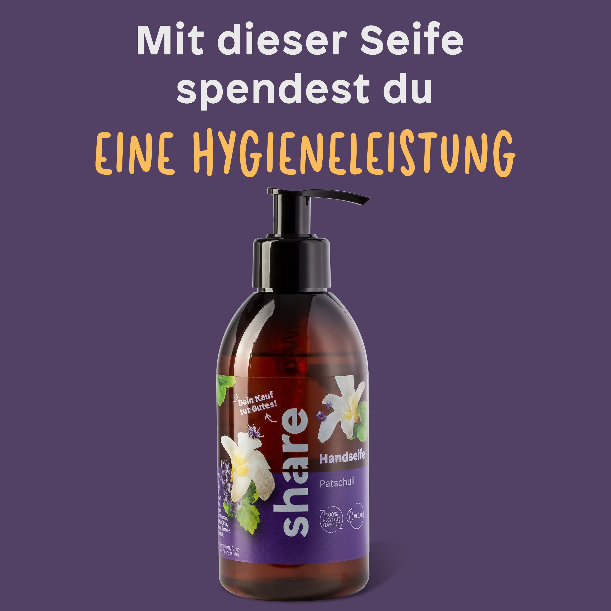 share Flüssigseife Patschuli 250 ml – Seife spendet ein Hygieneprodukt an einen Menschen in Not – vegane Handseife im Seifenspender
