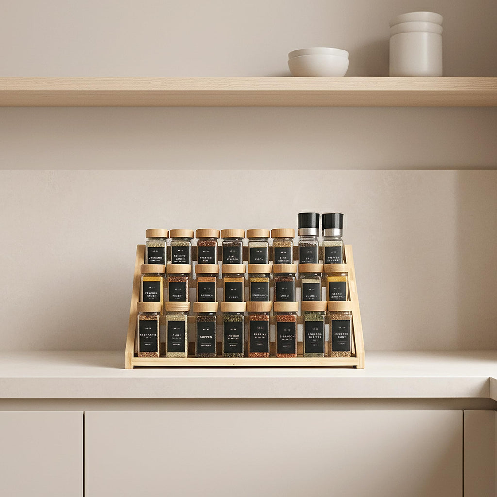 Square Spice Jars Set with Bamboo Lid (24 x 120 ml) Spice Shaker with Shaker Insert and 240 Labels White - Wooden Lid Spice Containers, Spice Jars, Spice Organiser [11 cm x 4.5 cm]