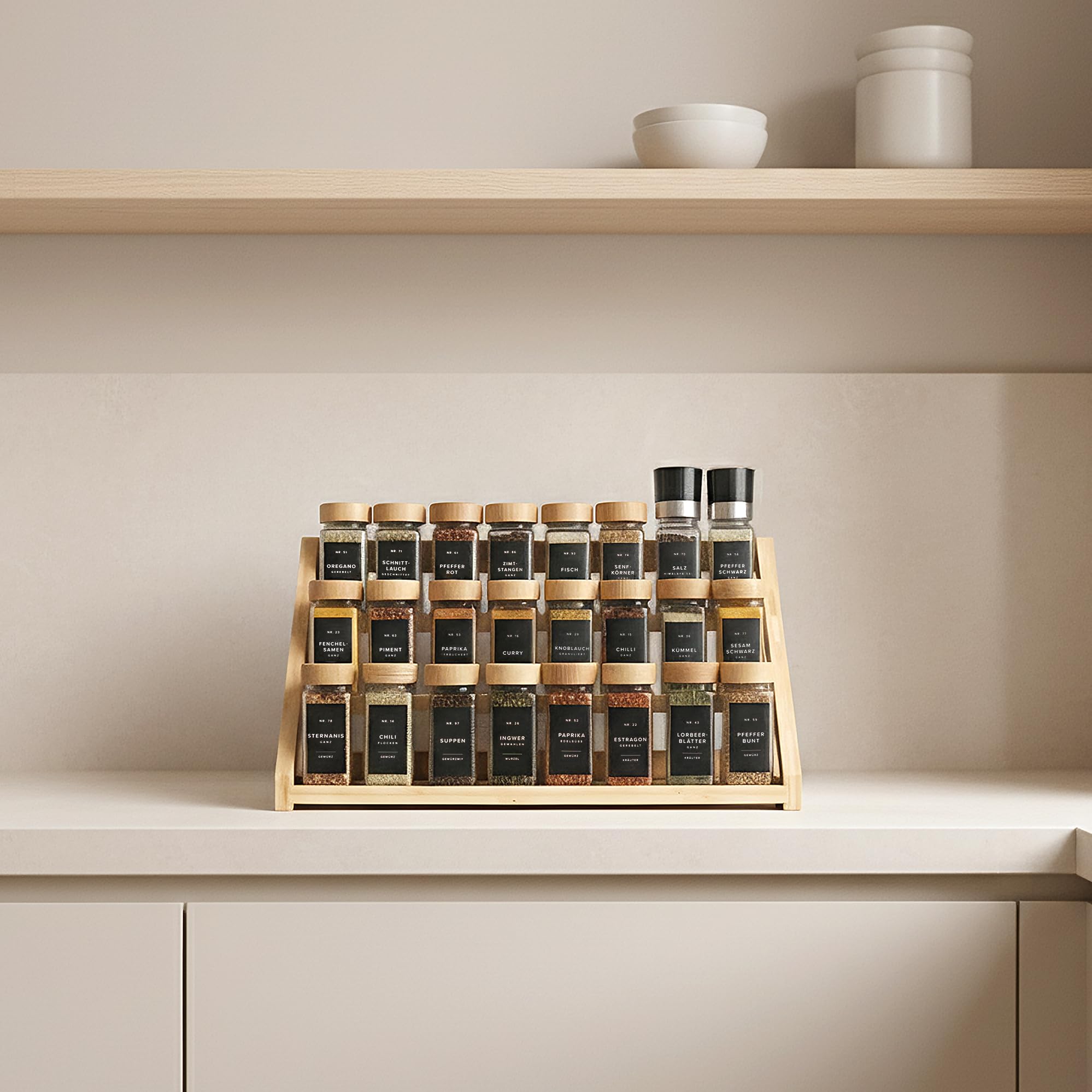 Square Spice Jars Set with Bamboo Lid (24 x 120 ml) Spice Shaker with Shaker Insert and 240 Labels White - Wooden Lid Spice Containers, Spice Jars, Spice Organiser [11 cm x 4.5 cm]