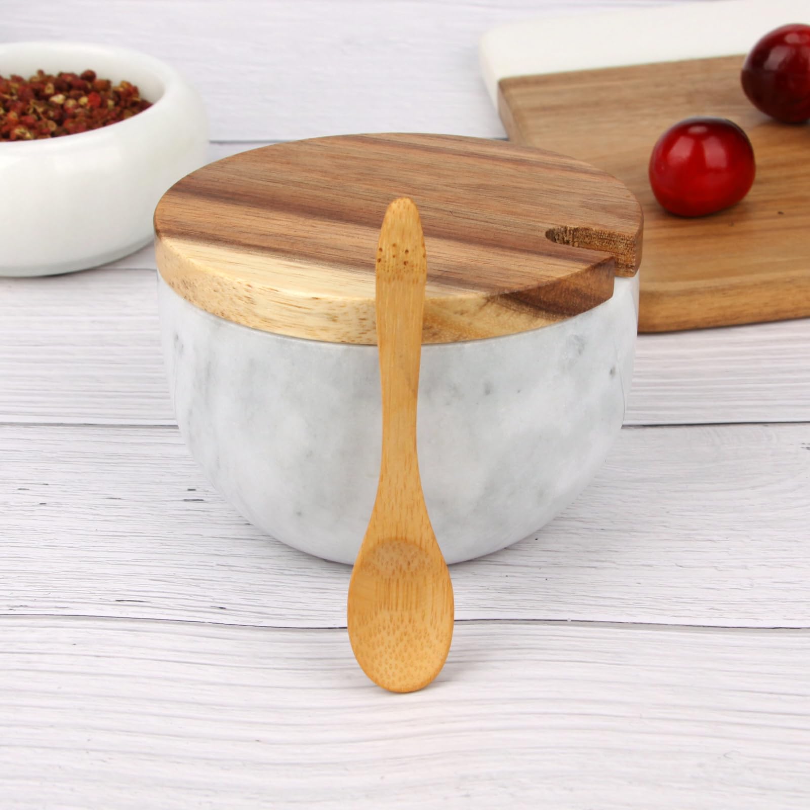 Salzdose Marmor mit Holzdeckel und Löffel Salz- oder Pfefferstreuerschale aus Stein, Salzstreuer, Salzbehälter Gewürzbehälter, Behälter, Behälterhalter, Behälter für die Küche (Schwarze Schüssel)