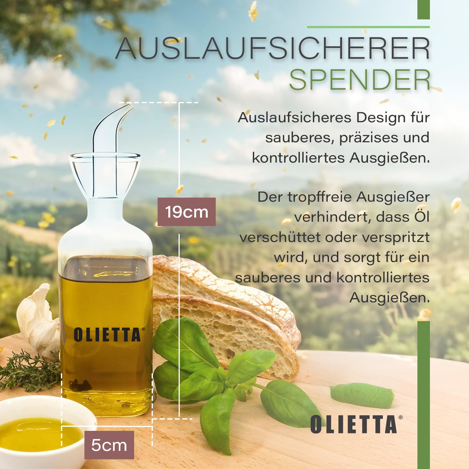 Olietta Ölflasche Tropf- und auslaufsichere aus Glas 500 ml Olivenöl Flasche mit Ausgießer - Ölspender zum Ausgießen & Träufeln - Leicht zu reinigen - Öl Dosierflasche
