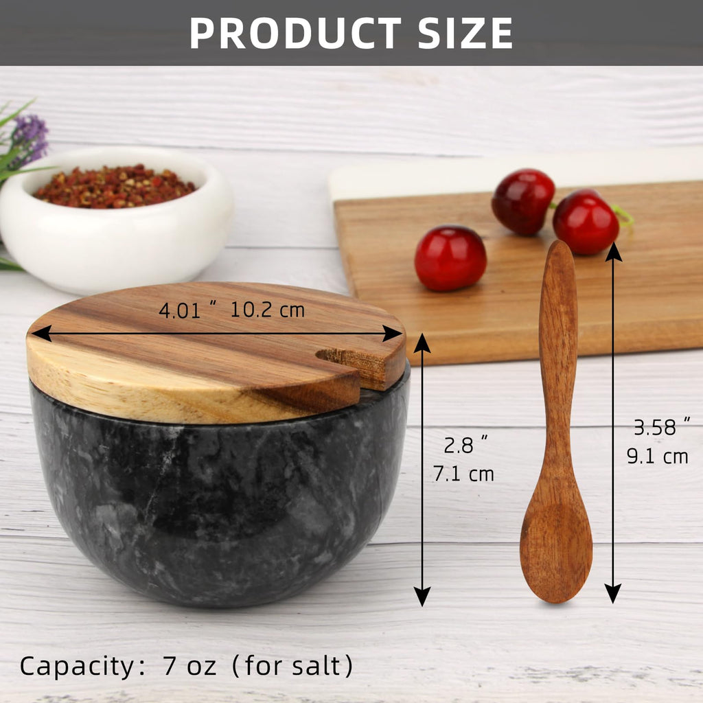 Salzdose Marmor mit Holzdeckel und Löffel Salz- oder Pfefferstreuerschale aus Stein, Salzstreuer, Salzbehälter Gewürzbehälter, Behälter, Behälterhalter, Behälter für die Küche (Schwarze Schüssel)