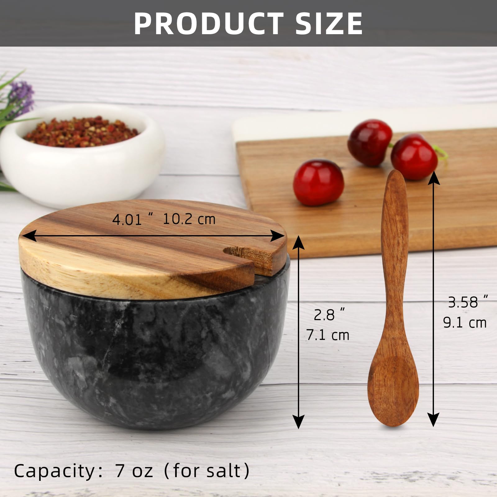 Salzdose Marmor mit Holzdeckel und Löffel Salz- oder Pfefferstreuerschale aus Stein, Salzstreuer, Salzbehälter Gewürzbehälter, Behälter, Behälterhalter, Behälter für die Küche (Schwarze Schüssel)