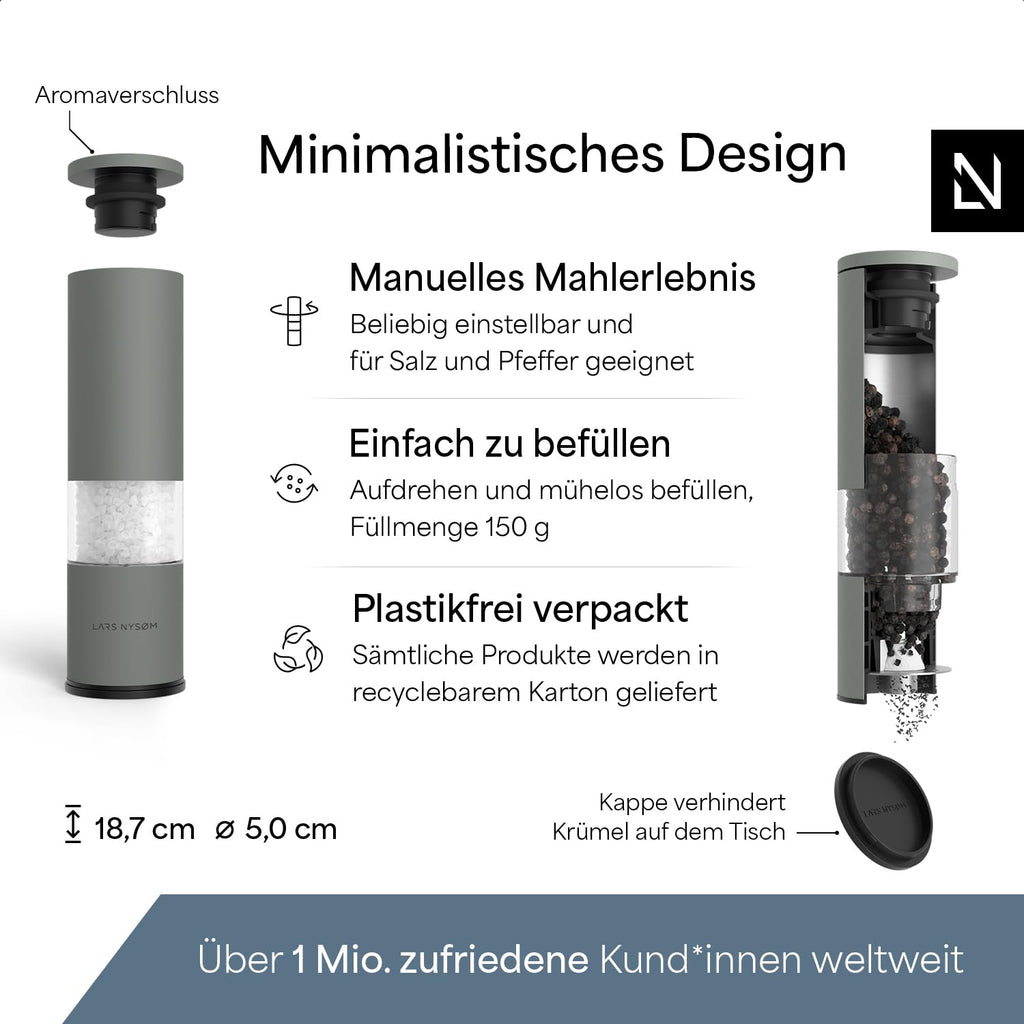 LARS NYSØM Salz und Pfeffermühle Set Manuell mit einstellbarem Keramikmahlwerk I Edelstahl Pfeffermühle und Salzmühle I Design Gewürzmühlen Set (2 Stück) (Carbon Black)