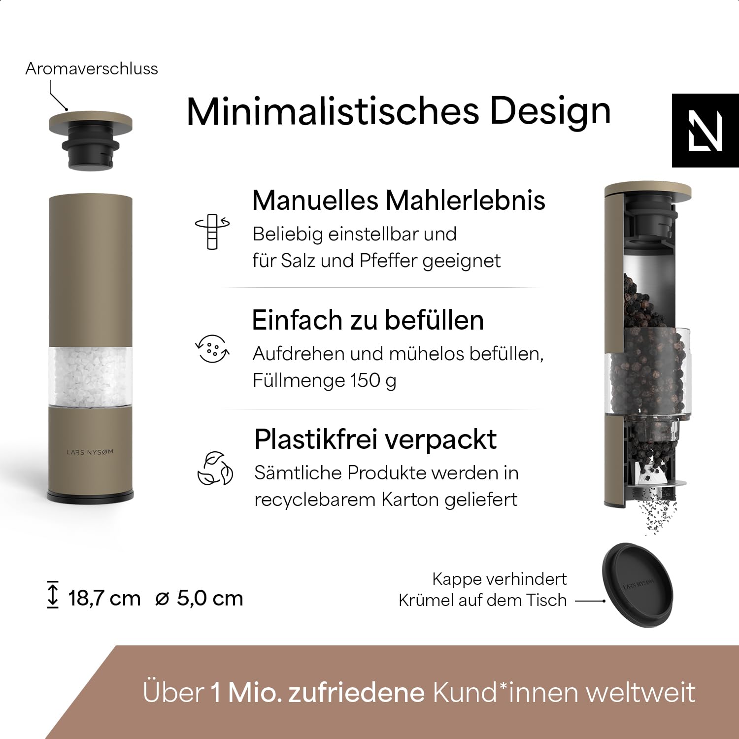LARS NYSØM Salz und Pfeffermühle Set Manuell mit einstellbarem Keramikmahlwerk I Edelstahl Pfeffermühle und Salzmühle I Design Gewürzmühlen Set (2 Stück) (Carbon Black)