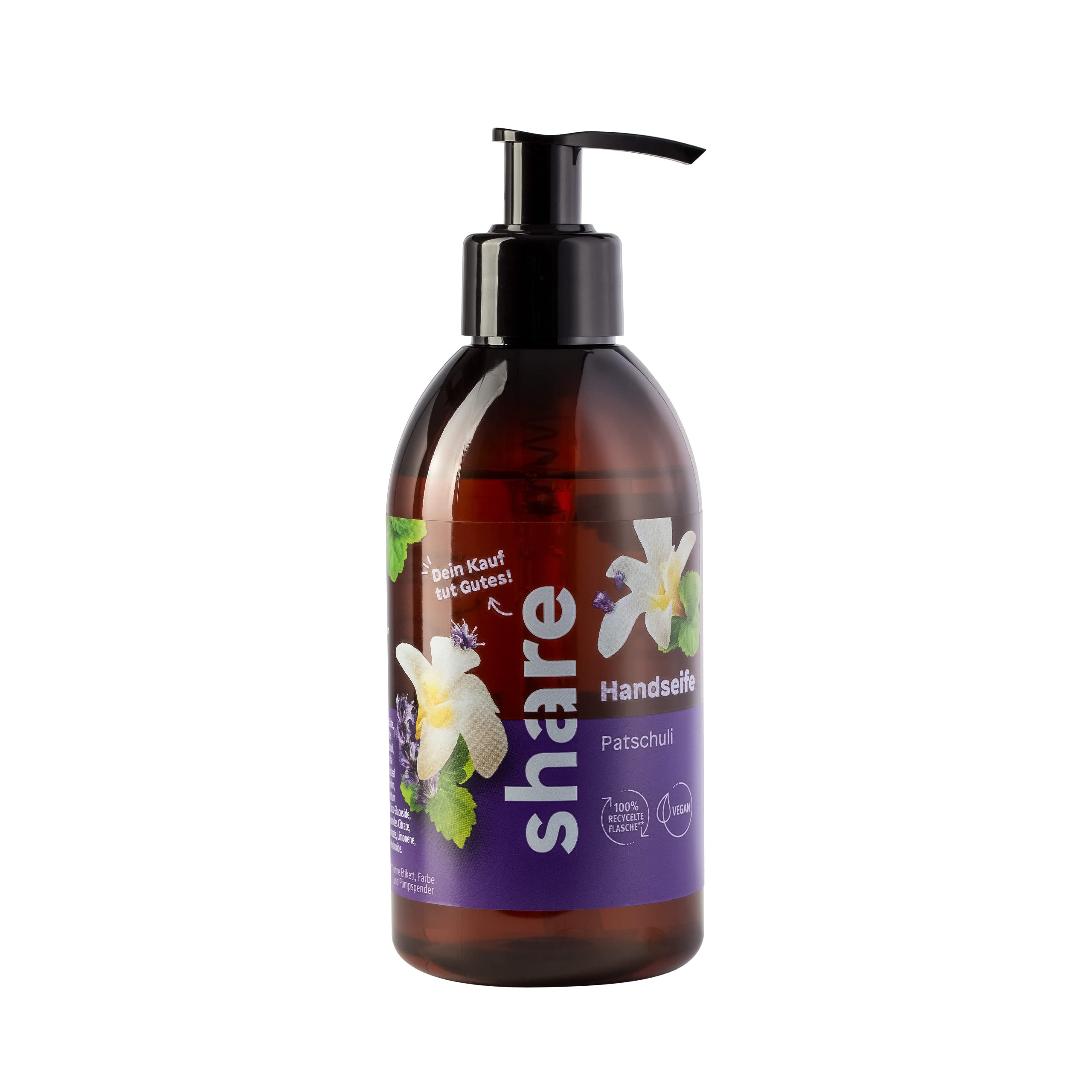 share Flüssigseife Patschuli 250 ml – Seife spendet ein Hygieneprodukt an einen Menschen in Not – vegane Handseife im Seifenspender
