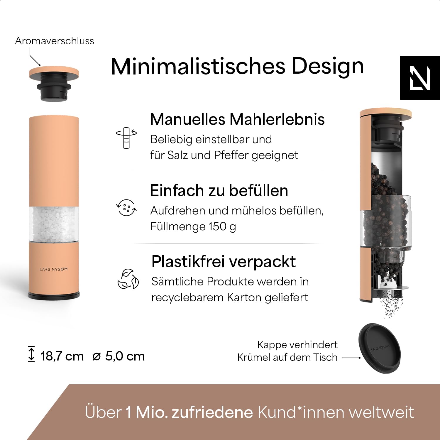 LARS NYSØM Salz und Pfeffermühle Set Manuell mit einstellbarem Keramikmahlwerk I Edelstahl Pfeffermühle und Salzmühle I Design Gewürzmühlen Set (2 Stück) (Carbon Black)