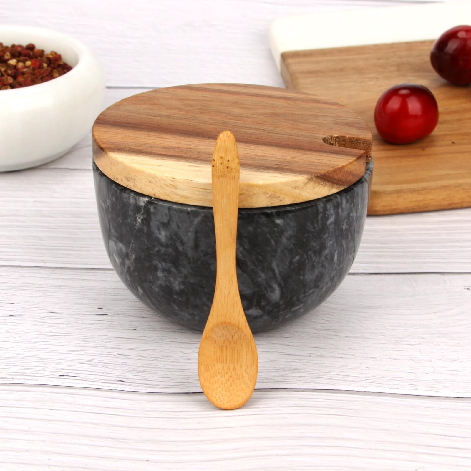 Salzdose Marmor mit Holzdeckel und Löffel Salz- oder Pfefferstreuerschale aus Stein, Salzstreuer, Salzbehälter Gewürzbehälter, Behälter, Behälterhalter, Behälter für die Küche (Schwarze Schüssel)