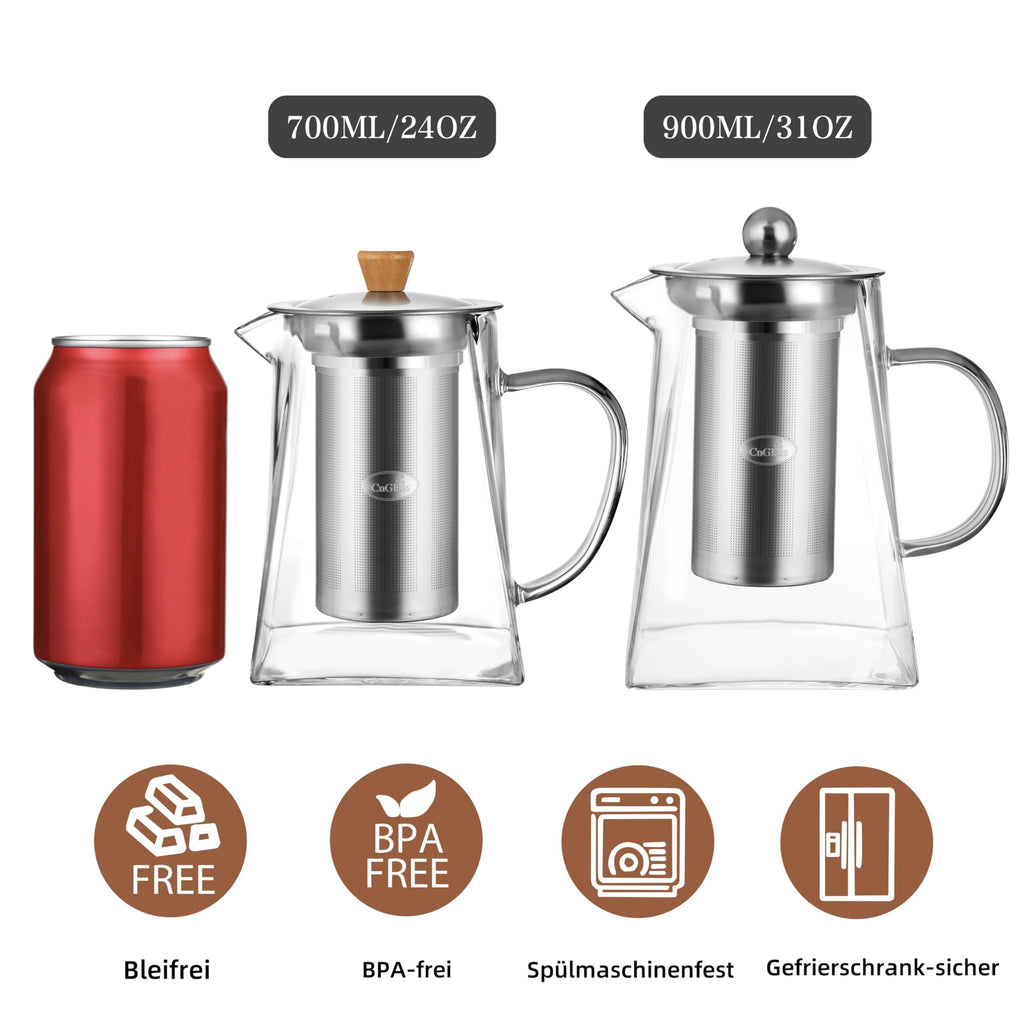 CNGLASS 1100ml/37.5oz Glas-Teekanne mit Infuser,Klarglas-Teekessel mit abnehmbarem Edelstahlsieb,Herdfeste Glas-Teekanne für blühenden und losen Blatttee