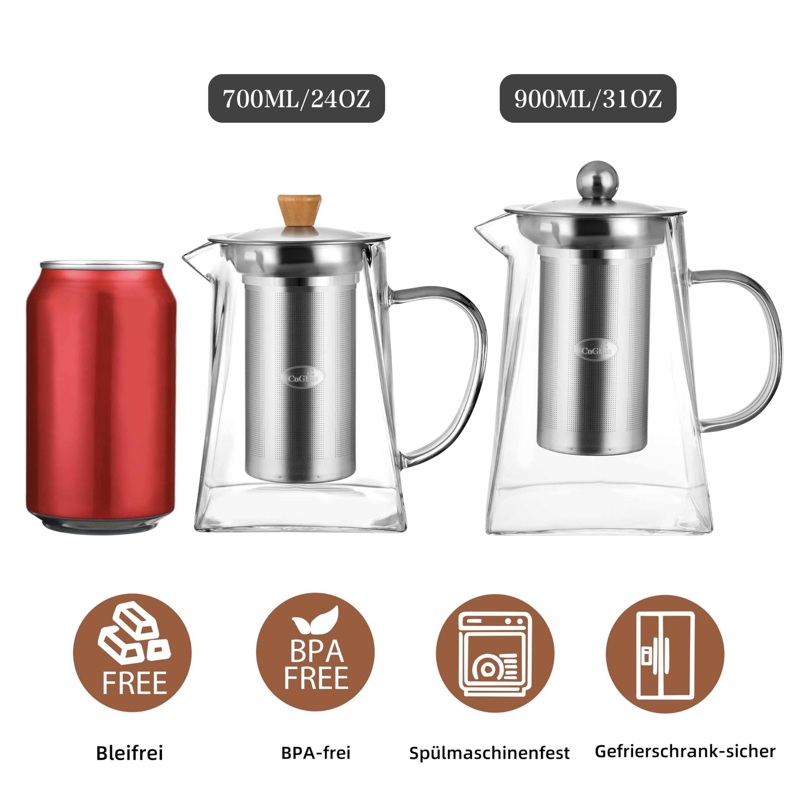 CNGLASS 1100ml/37.5oz Glas-Teekanne mit Infuser,Klarglas-Teekessel mit abnehmbarem Edelstahlsieb,Herdfeste Glas-Teekanne für blühenden und losen Blatttee