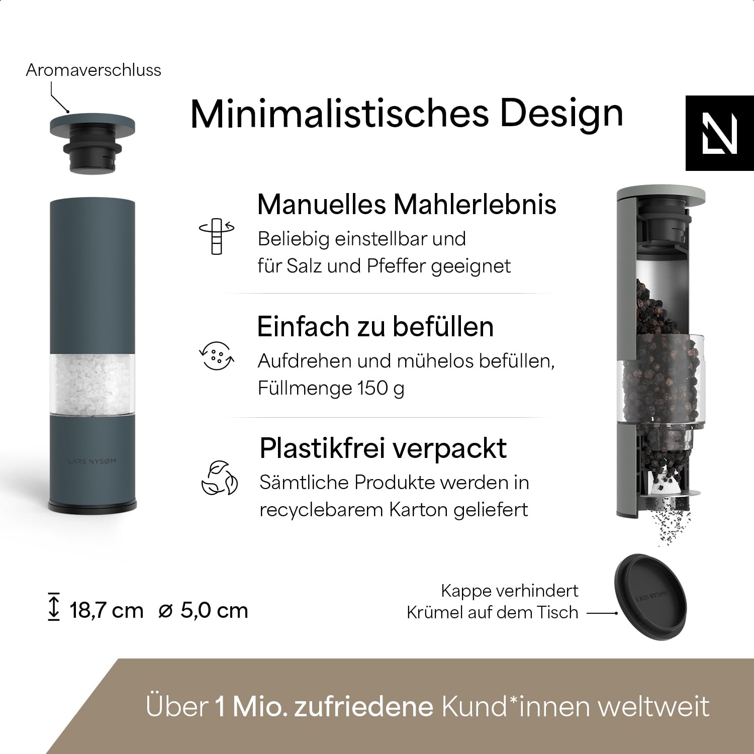 LARS NYSØM Salz und Pfeffermühle Set Manuell mit einstellbarem Keramikmahlwerk I Edelstahl Pfeffermühle und Salzmühle I Design Gewürzmühlen Set (2 Stück) (Carbon Black)