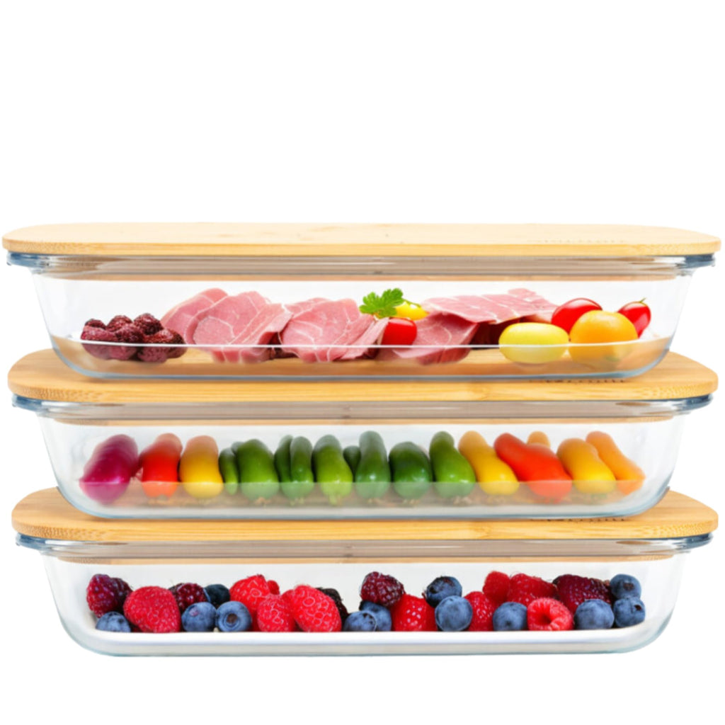 GUTHE Lifestyle Set of 3 Food Storage Boxes for Fridge Glass, Stackable Food Storage Containers with Wooden Lid, Casserole Dish Set, Sausage and Cheese Storage