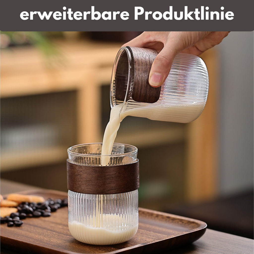 Holzwurm Glass Carafe 1 L - Ribbed Water Carafe with Walnut Wooden Coat, Elegant Water Carafe for Home and Office