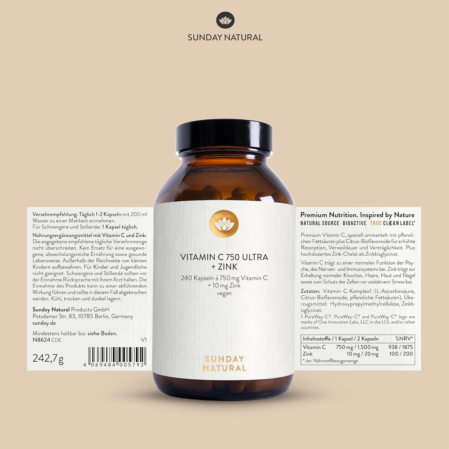 SUNDAY NATURAL Vitamin C and Zinc High Dose - 240 Capsules - 1500 mg Vitamin C & 20 mg Zinc per Daily Dose - PureWay-C & Bioavailable Zinc Bisglycinate - Laboratory Tested, Vegan, No Other Additives