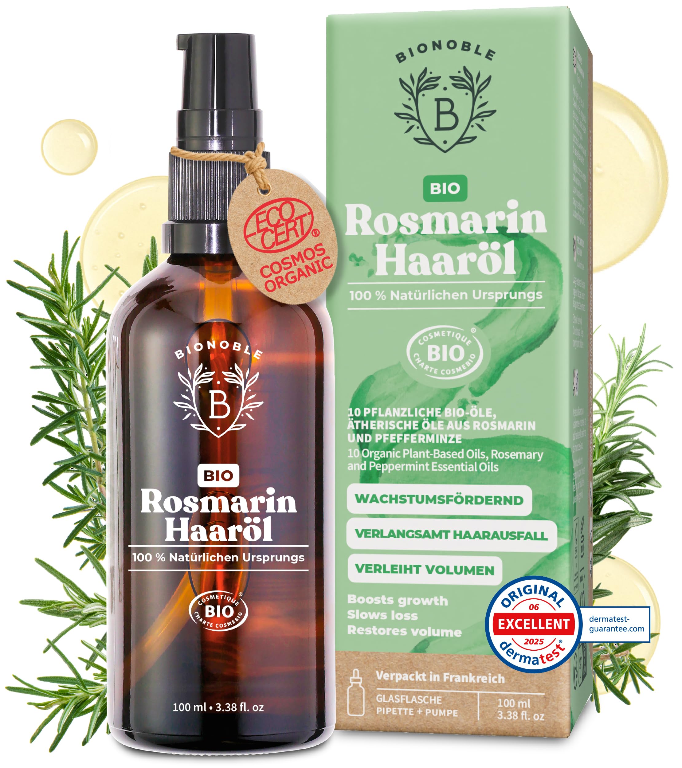 BIONOBLE Rizinusöl Kaltgepresst Bio - 100% Natürlich, Ohne Hexan - Wachstumsfördernd, Repariert - Rizinusöl Bio Haare, Wimpern, Augenbrauen, Haut - Castor Oil - Glasflasche mit Pumpe - 200ml