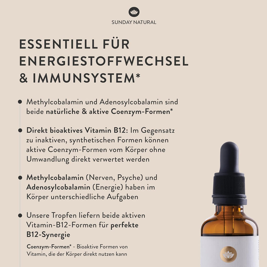 SUNDAY NATURAL® Vitamin B12 hochdosiert - 500 µg pro Vitamin B12 Tropfen – Bioaktive Formen B12 Methylcobalamin + Adenosylcobalamin – 900 Tropfen – Laborgeprüft, vegan, ohne unnötige Zusätze