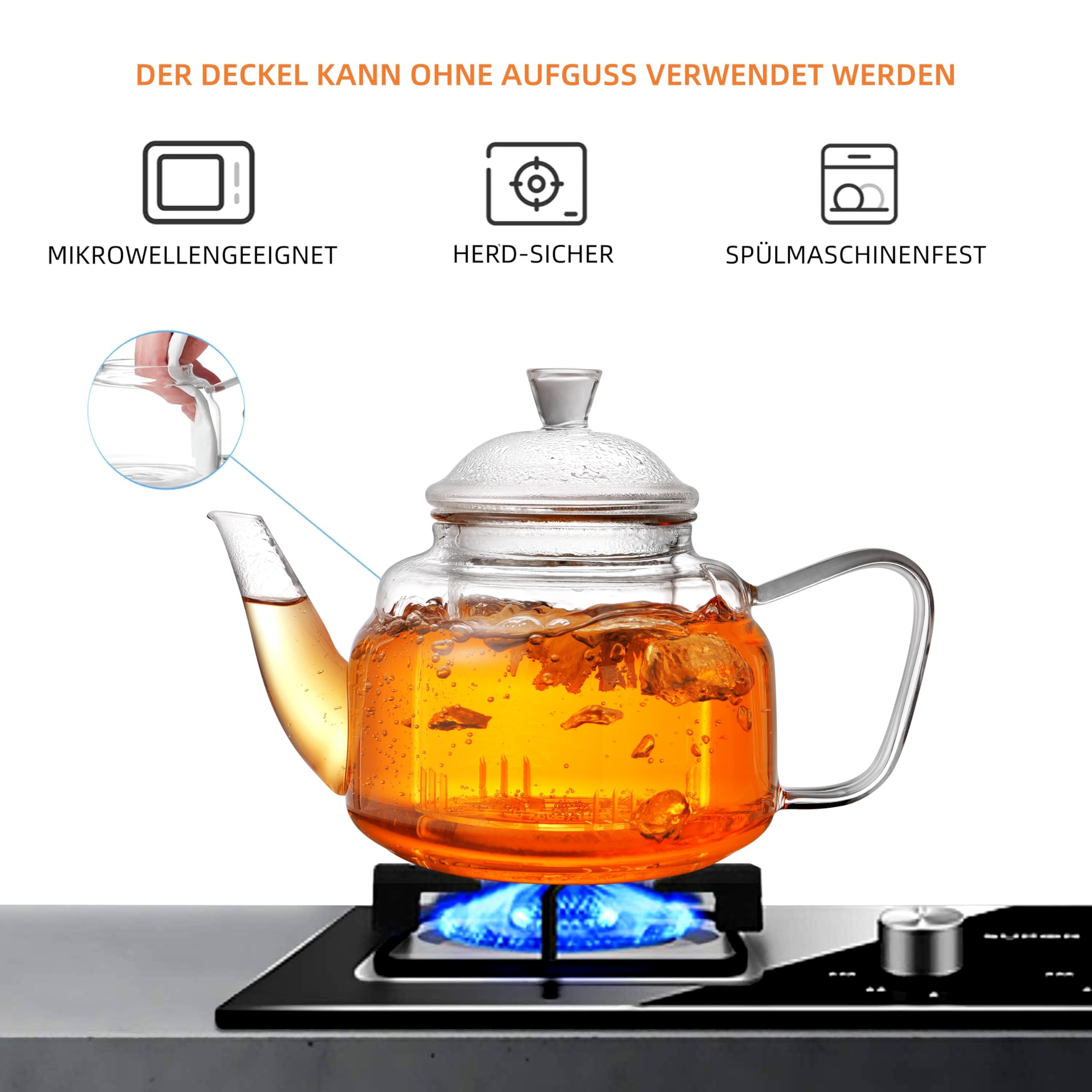 CNGLASS 1100ml/37.5oz Glas-Teekanne mit Infuser,Klarglas-Teekessel mit abnehmbarem Edelstahlsieb,Herdfeste Glas-Teekanne für blühenden und losen Blatttee
