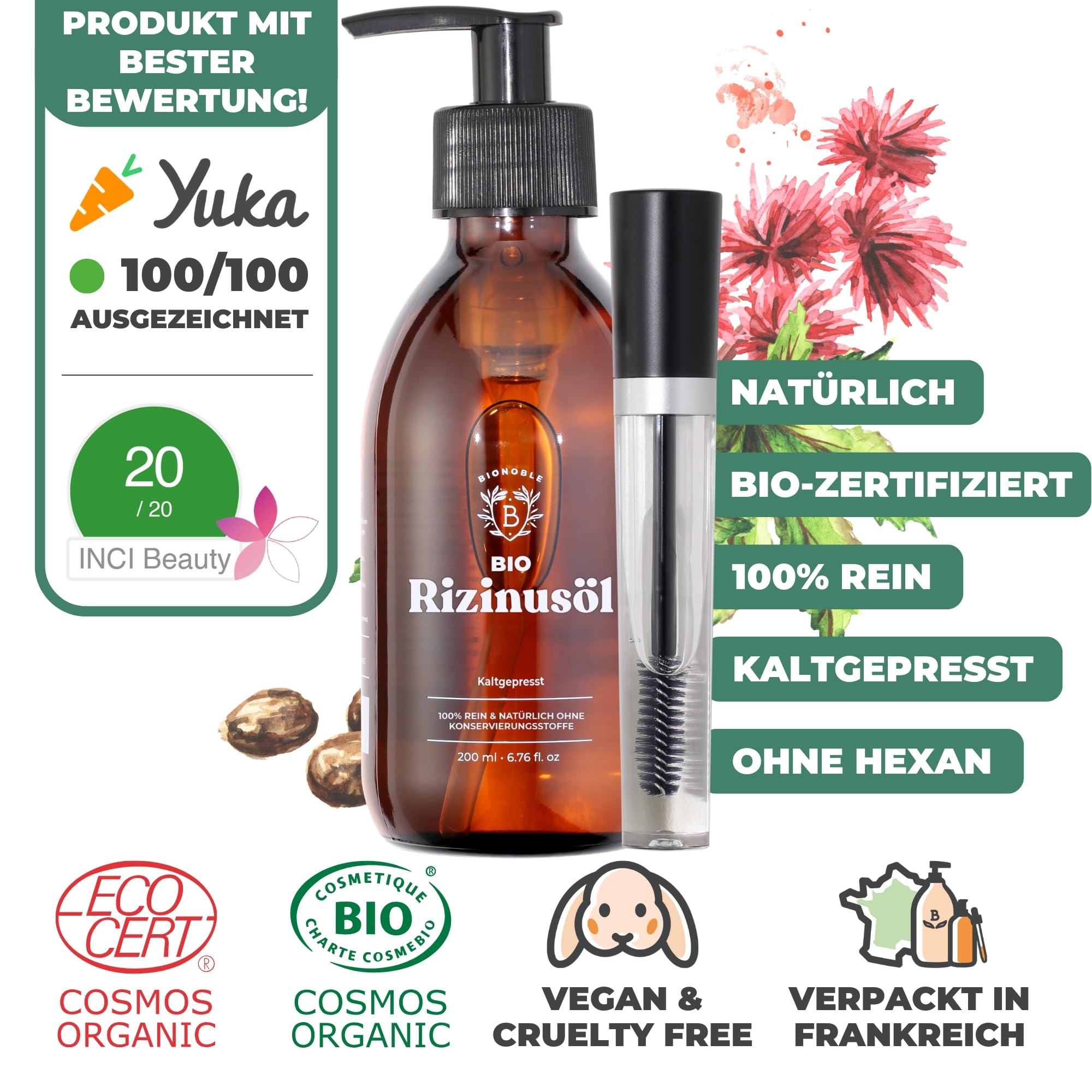 BIONOBLE Rizinusöl Kaltgepresst Bio - 100% Natürlich, Ohne Hexan - Wachstumsfördernd, Repariert - Rizinusöl Bio Haare, Wimpern, Augenbrauen, Haut - Castor Oil - Glasflasche mit Pumpe - 200ml