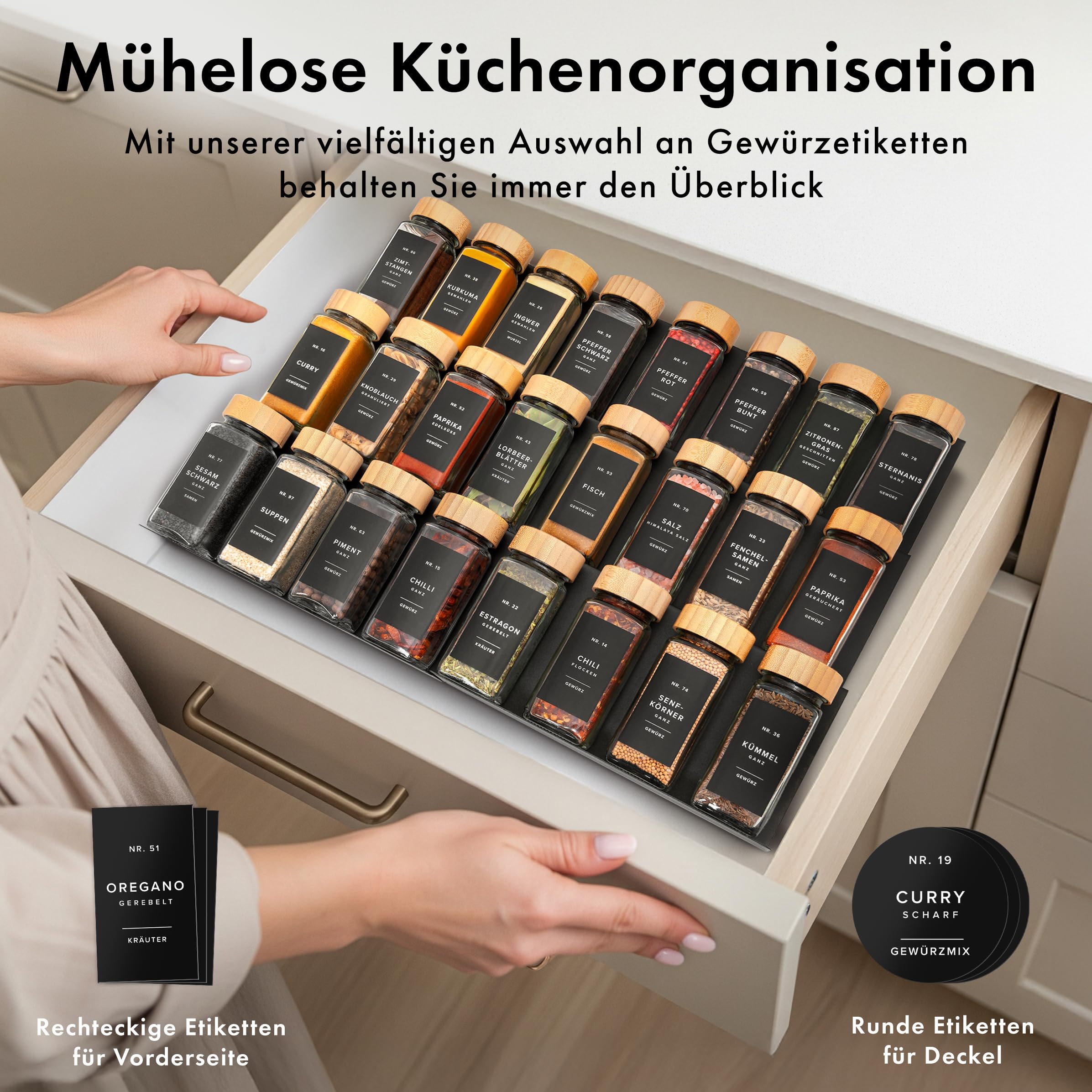 Square Spice Jars Set with Bamboo Lid (24 x 120 ml) Spice Shaker with Shaker Insert and 240 Labels White - Wooden Lid Spice Containers, Spice Jars, Spice Organiser [11 cm x 4.5 cm]