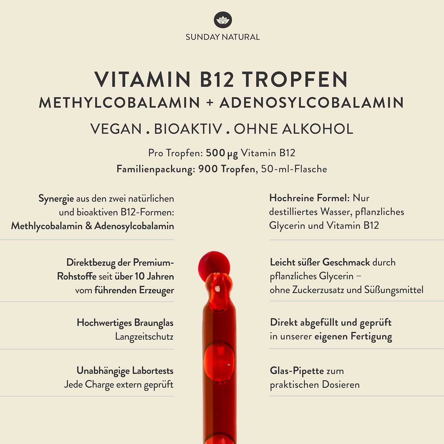SUNDAY NATURAL® Vitamin B12 hochdosiert - 500 µg pro Vitamin B12 Tropfen – Bioaktive Formen B12 Methylcobalamin + Adenosylcobalamin – 900 Tropfen – Laborgeprüft, vegan, ohne unnötige Zusätze