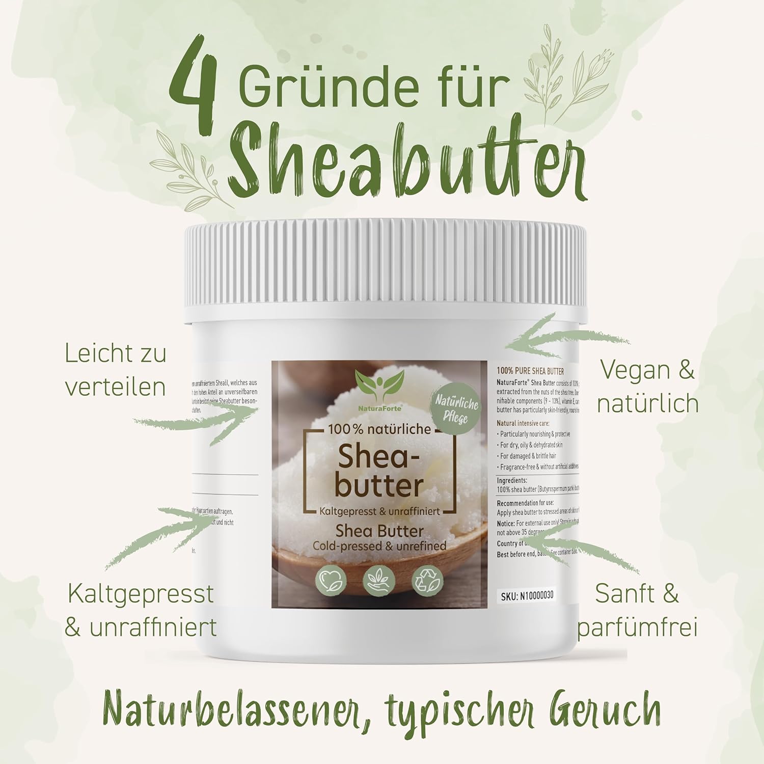 NaturaForte Sheabutter unraffiniert & kaltgepresst 250g – Naturreine Kosmetik Körperbutter, vegan, parfümfrei, feuchtigkeitsspendend & rückfettend, für alle Hauttypen