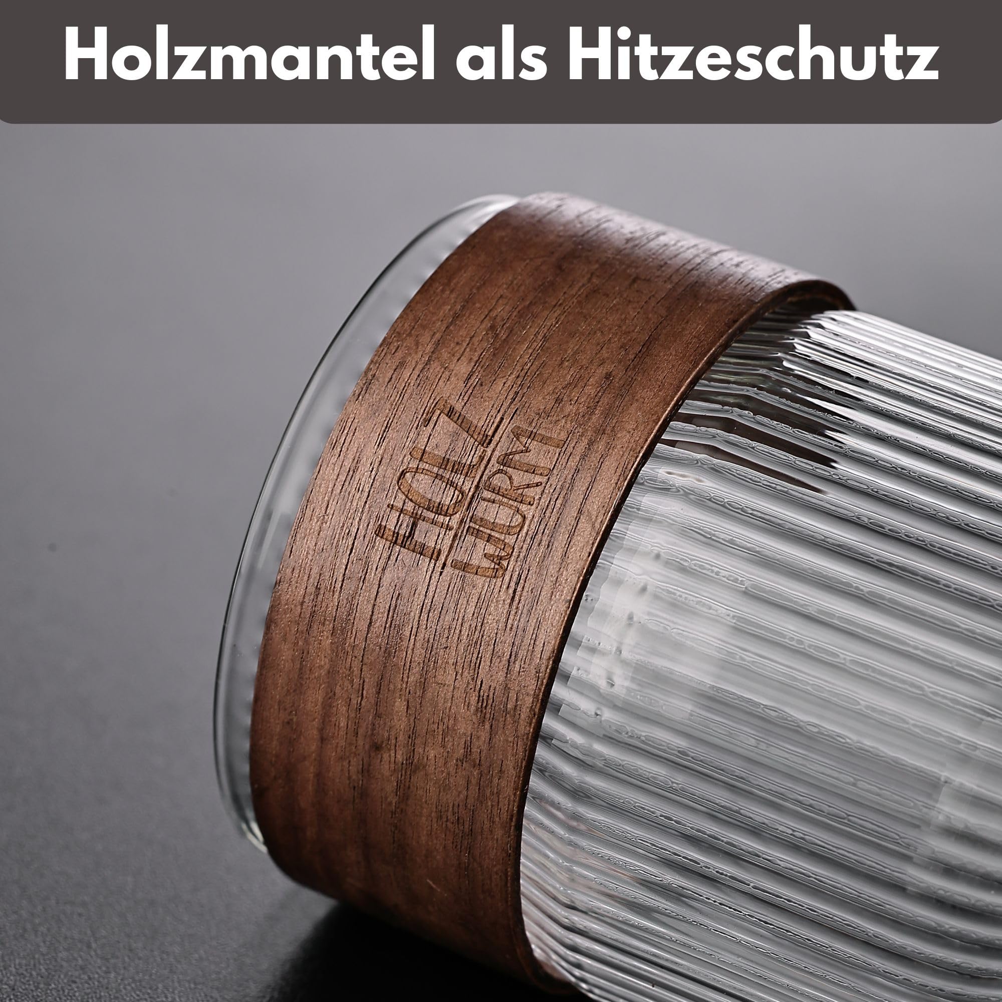 Holzwurm Glass Carafe 1 L - Ribbed Water Carafe with Walnut Wooden Coat, Elegant Water Carafe for Home and Office