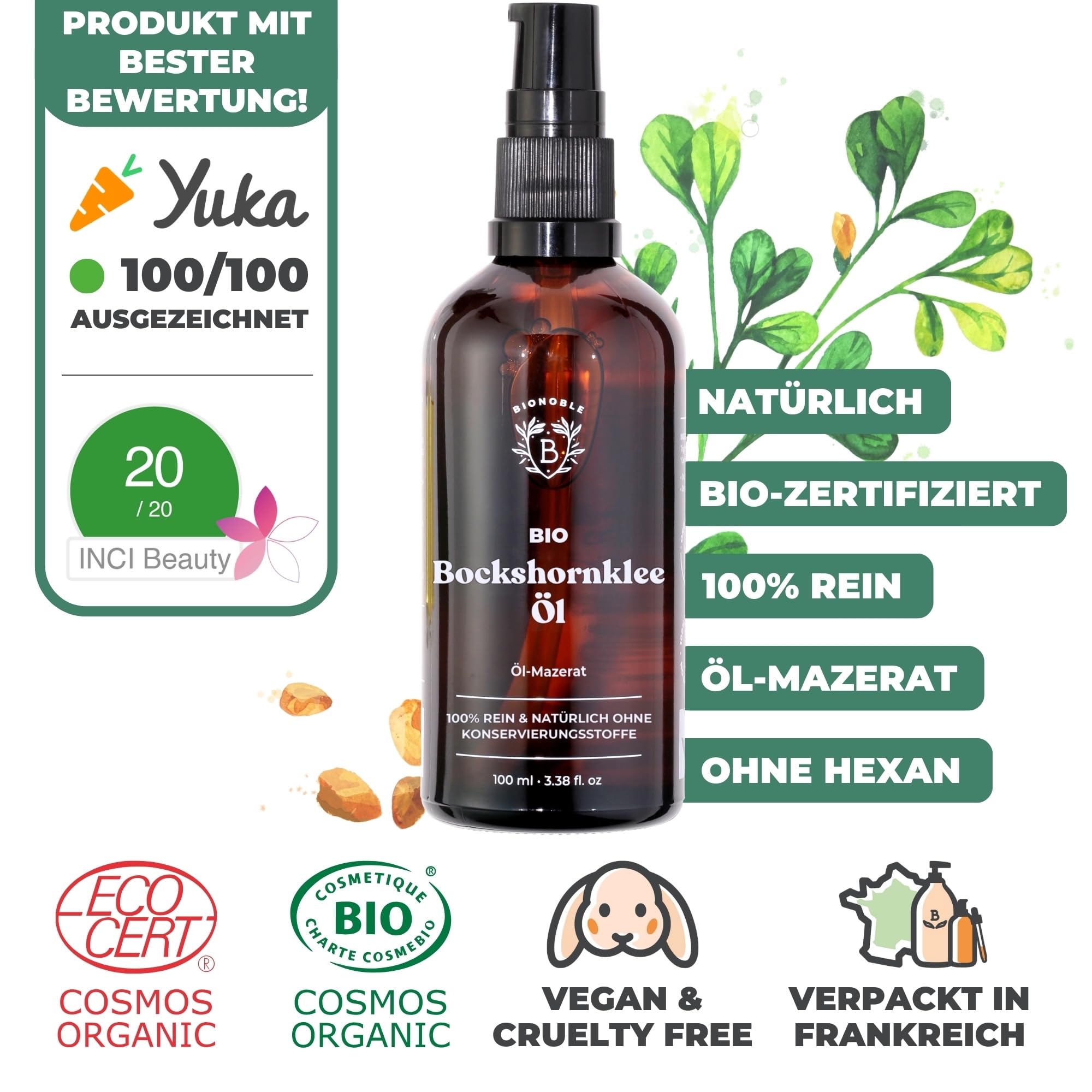 BIONOBLE Rizinusöl Kaltgepresst Bio - 100% Natürlich, Ohne Hexan - Wachstumsfördernd, Repariert - Rizinusöl Bio Haare, Wimpern, Augenbrauen, Haut - Castor Oil - Glasflasche mit Pumpe - 200ml