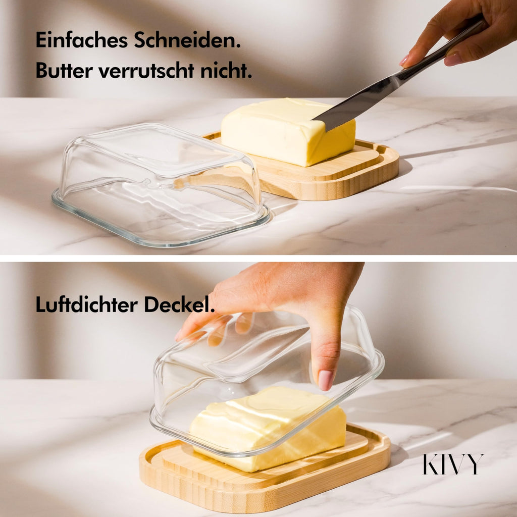 KIVY Butter Dish Glass with Airtight Lid for Smooth Butter - BPA Free - Butter Dishes - Butter Dish - Butter Dish with Lid - Butter Dish with Lid - Butter Box Tin - Butter Box Acacia Wood