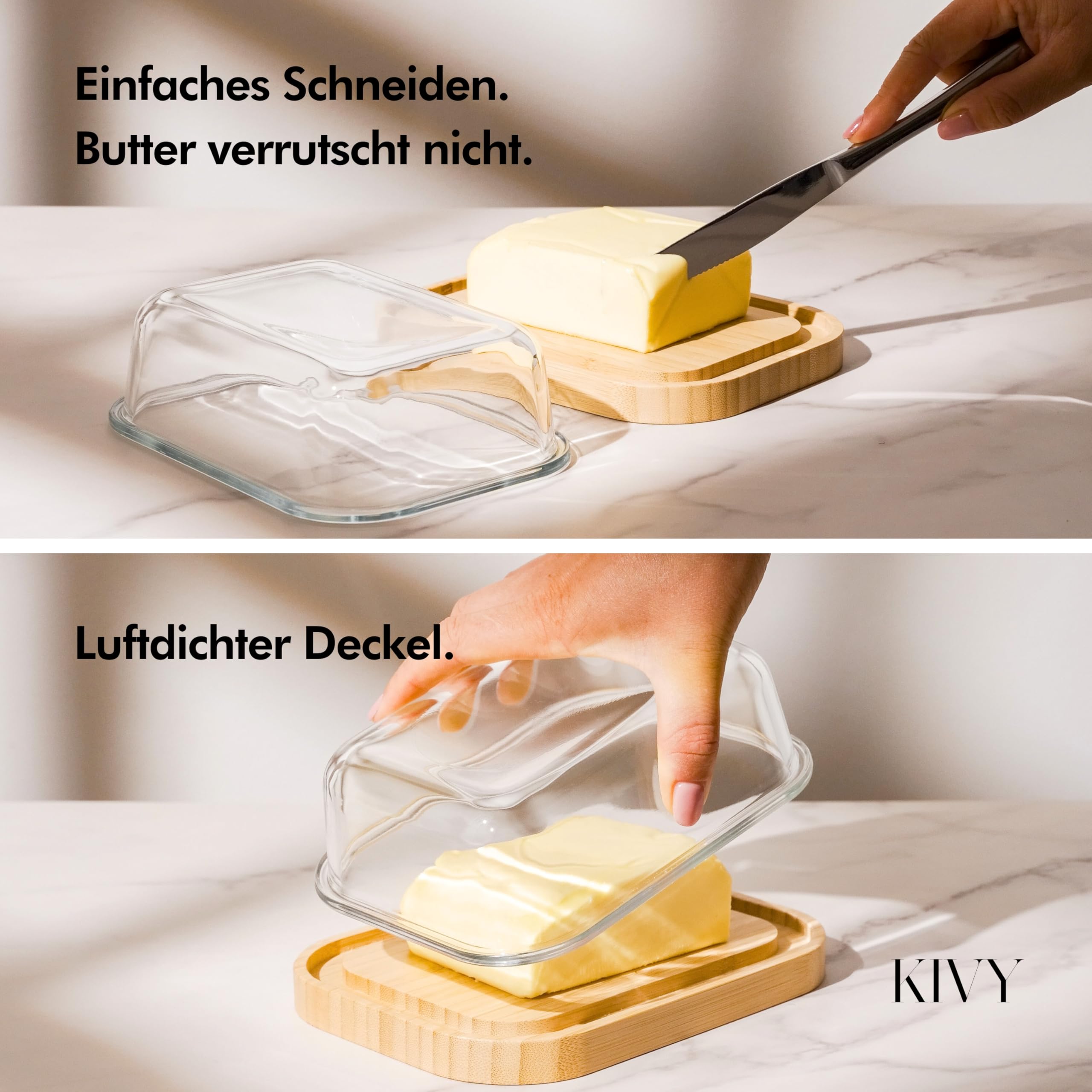 KIVY Butter Dish Glass with Airtight Lid for Smooth Butter - BPA Free - Butter Dishes - Butter Dish - Butter Dish with Lid - Butter Dish with Lid - Butter Box Tin - Butter Box Acacia Wood
