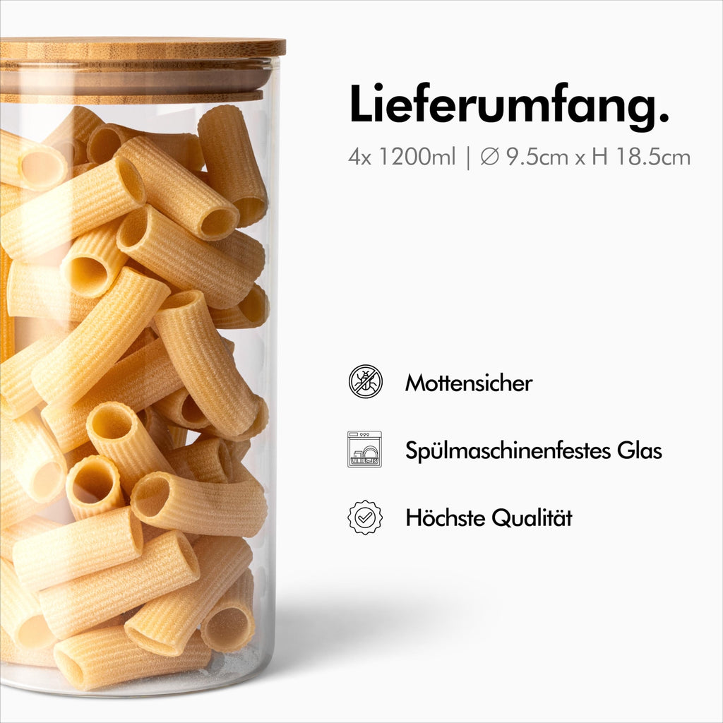 KIVY Vorratsgläser mit Deckel Luftdicht [4x 1200ml] - Vorratsdosen Glas mit Deckel - Glasbehälter mit Deckel - Müsli Aufbewahrung Küche - Vorratsglas mit Holzdeckel - Vorratsbehälter Glas Bambus