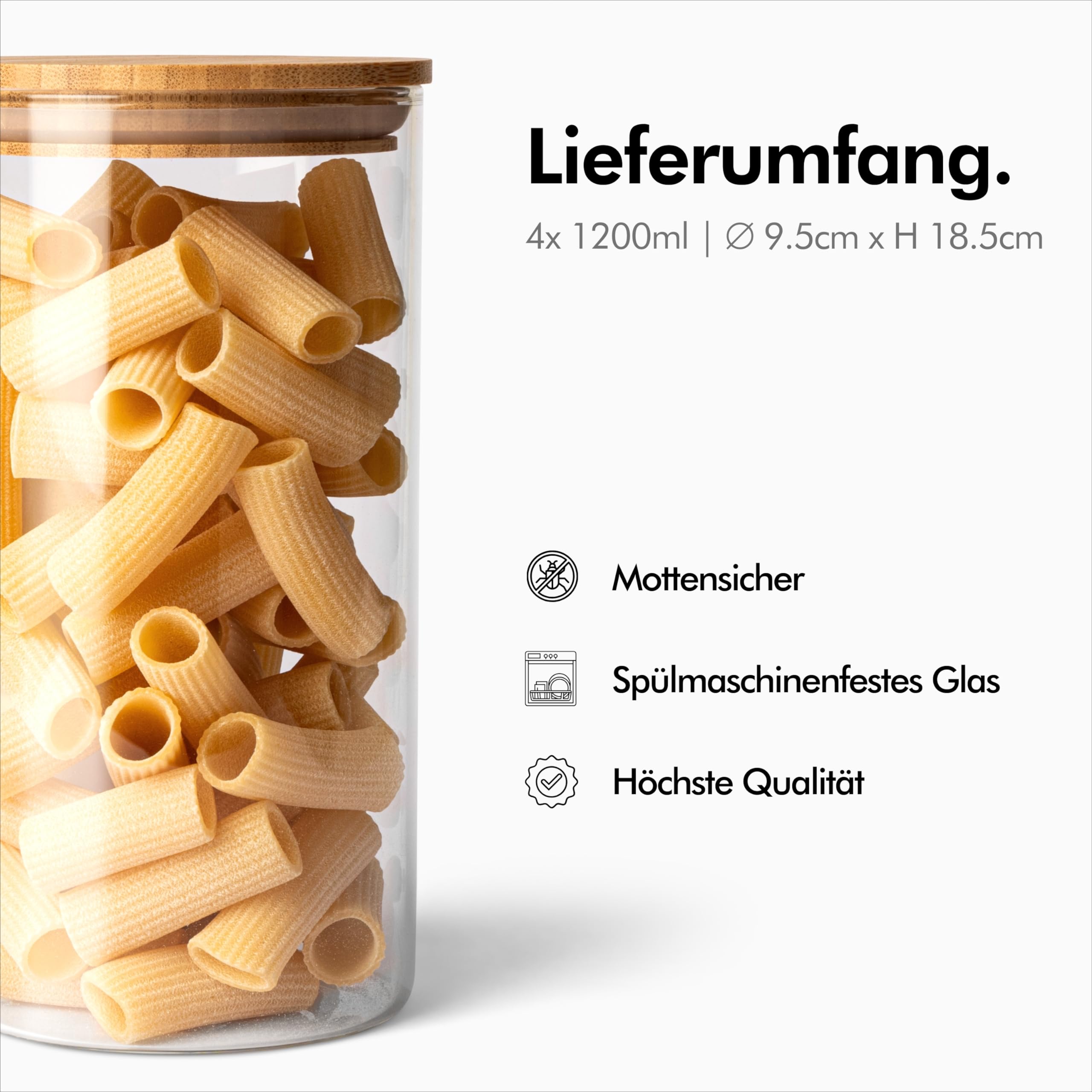 KIVY Vorratsgläser mit Deckel Luftdicht [4x 1200ml] - Vorratsdosen Glas mit Deckel - Glasbehälter mit Deckel - Müsli Aufbewahrung Küche - Vorratsglas mit Holzdeckel - Vorratsbehälter Glas Bambus