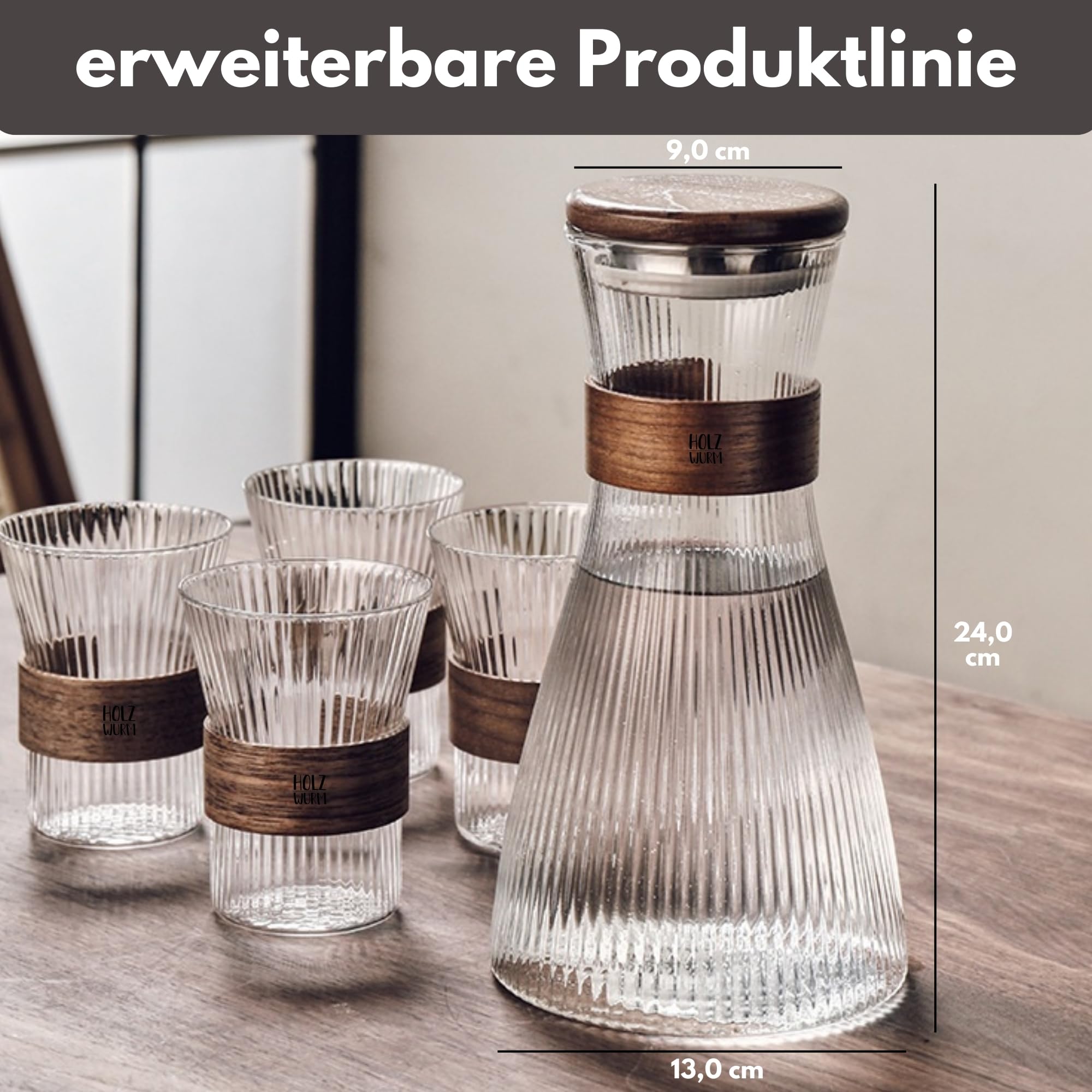 Holzwurm Glass Carafe 1 L - Ribbed Water Carafe with Walnut Wooden Coat, Elegant Water Carafe for Home and Office