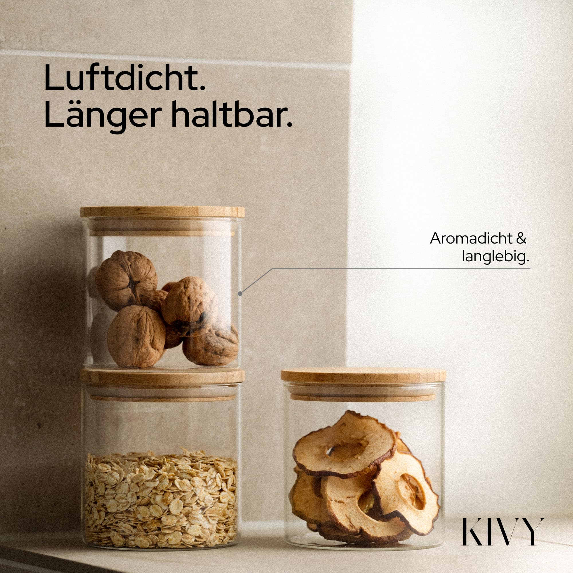 KIVY Vorratsgläser mit Deckel Luftdicht [4x 1200ml] - Vorratsdosen Glas mit Deckel - Glasbehälter mit Deckel - Müsli Aufbewahrung Küche - Vorratsglas mit Holzdeckel - Vorratsbehälter Glas Bambus