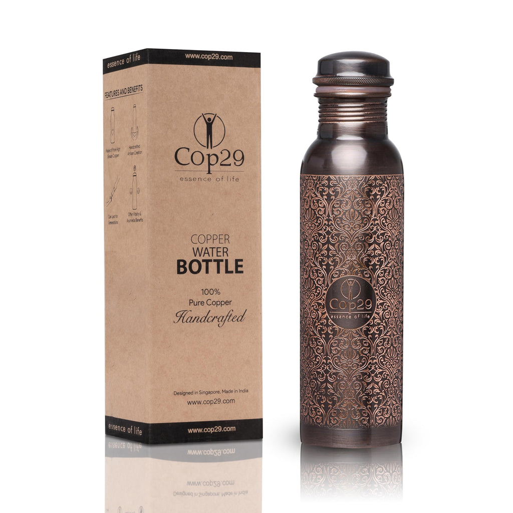 Cop29 handgefertigt graviert Premium Design reines Kupfer Tulpe antike Wasserflasche : Fugenfrei & Auslaufsicher -900ml/30oz