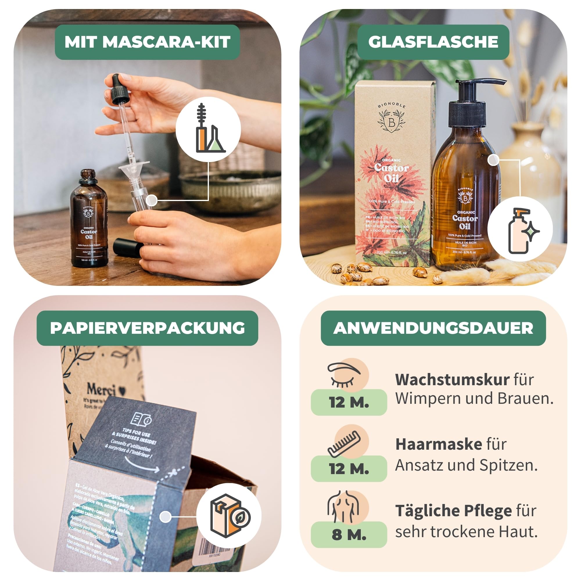 BIONOBLE Rizinusöl Kaltgepresst Bio - 100% Natürlich, Ohne Hexan - Wachstumsfördernd, Repariert - Rizinusöl Bio Haare, Wimpern, Augenbrauen, Haut - Castor Oil - Glasflasche mit Pumpe - 200ml