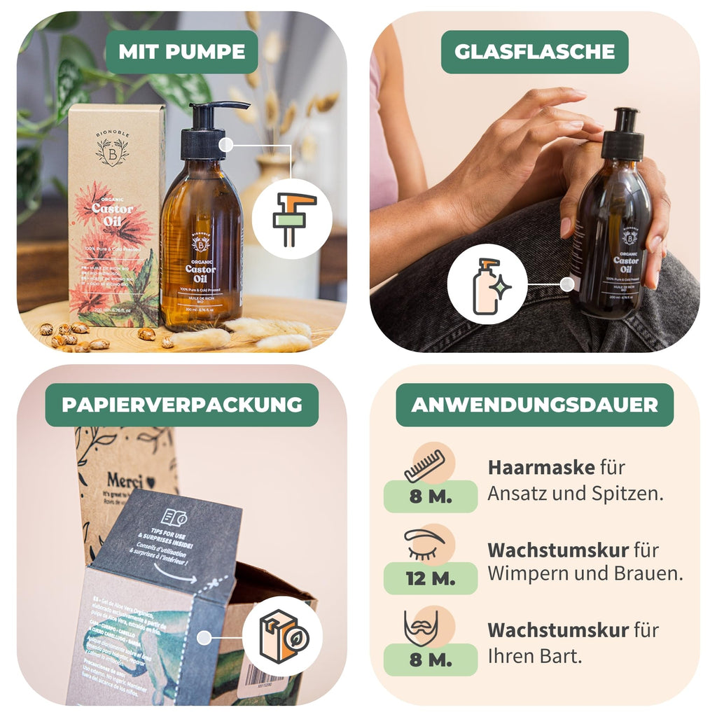BIONOBLE Rizinusöl Kaltgepresst Bio - 100% Natürlich, Ohne Hexan - Wachstumsfördernd, Repariert - Rizinusöl Bio Haare, Wimpern, Augenbrauen, Haut - Castor Oil - Glasflasche mit Pumpe - 200ml
