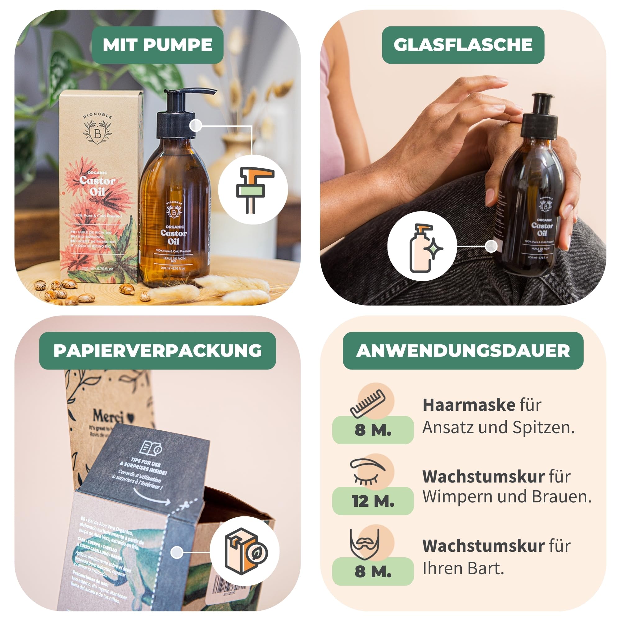 BIONOBLE Rizinusöl Kaltgepresst Bio - 100% Natürlich, Ohne Hexan - Wachstumsfördernd, Repariert - Rizinusöl Bio Haare, Wimpern, Augenbrauen, Haut - Castor Oil - Glasflasche mit Pumpe - 200ml