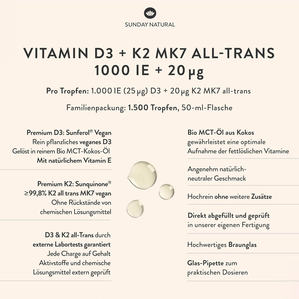 SUNDAY NATURAL Vitamin D3 K2 Drops High Dose - Vegan - Premium Vitamin D 3 1,000 IU + K2-MK7 ≥99.8% All-Trans 20µg - Optimal Bioavailability, No Other Additives, Laboratory Tested