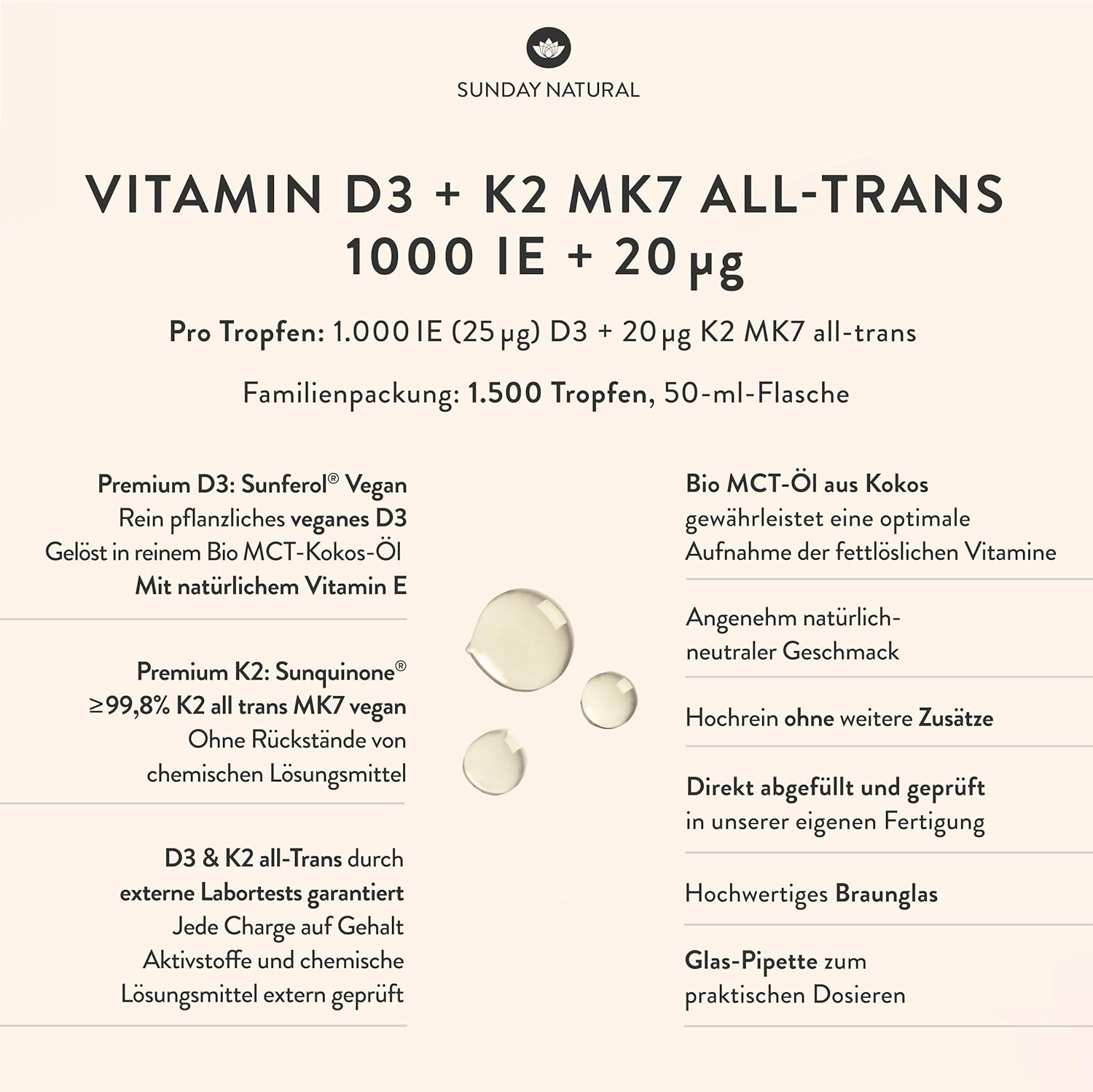 SUNDAY NATURAL Vitamin D3 K2 Drops High Dose - Vegan - Premium Vitamin D 3 1,000 IU + K2-MK7 ≥99.8% All-Trans 20µg - Optimal Bioavailability, No Other Additives, Laboratory Tested