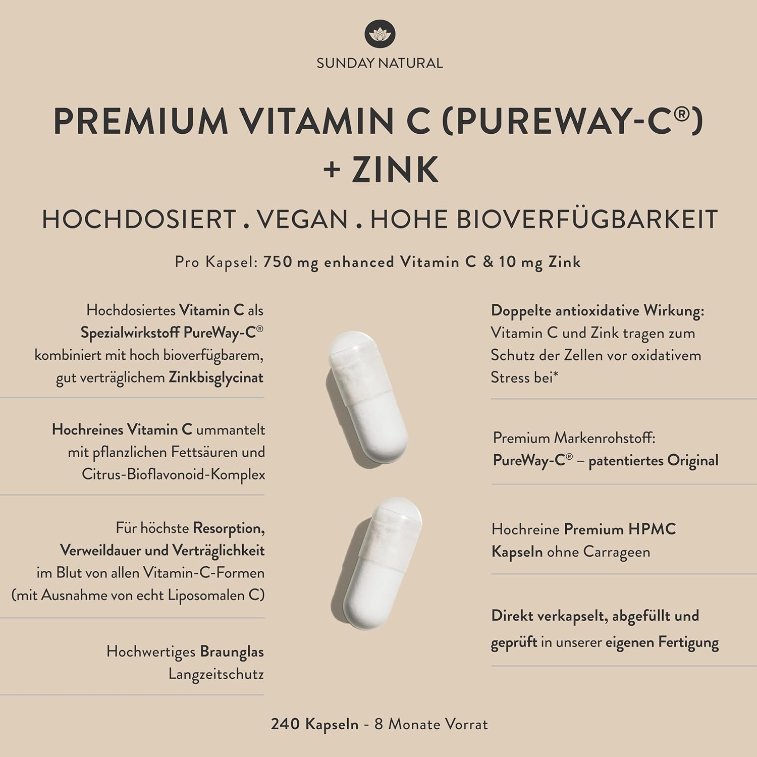 SUNDAY NATURAL Vitamin C and Zinc High Dose - 240 Capsules - 1500 mg Vitamin C & 20 mg Zinc per Daily Dose - PureWay-C & Bioavailable Zinc Bisglycinate - Laboratory Tested, Vegan, No Other Additives
