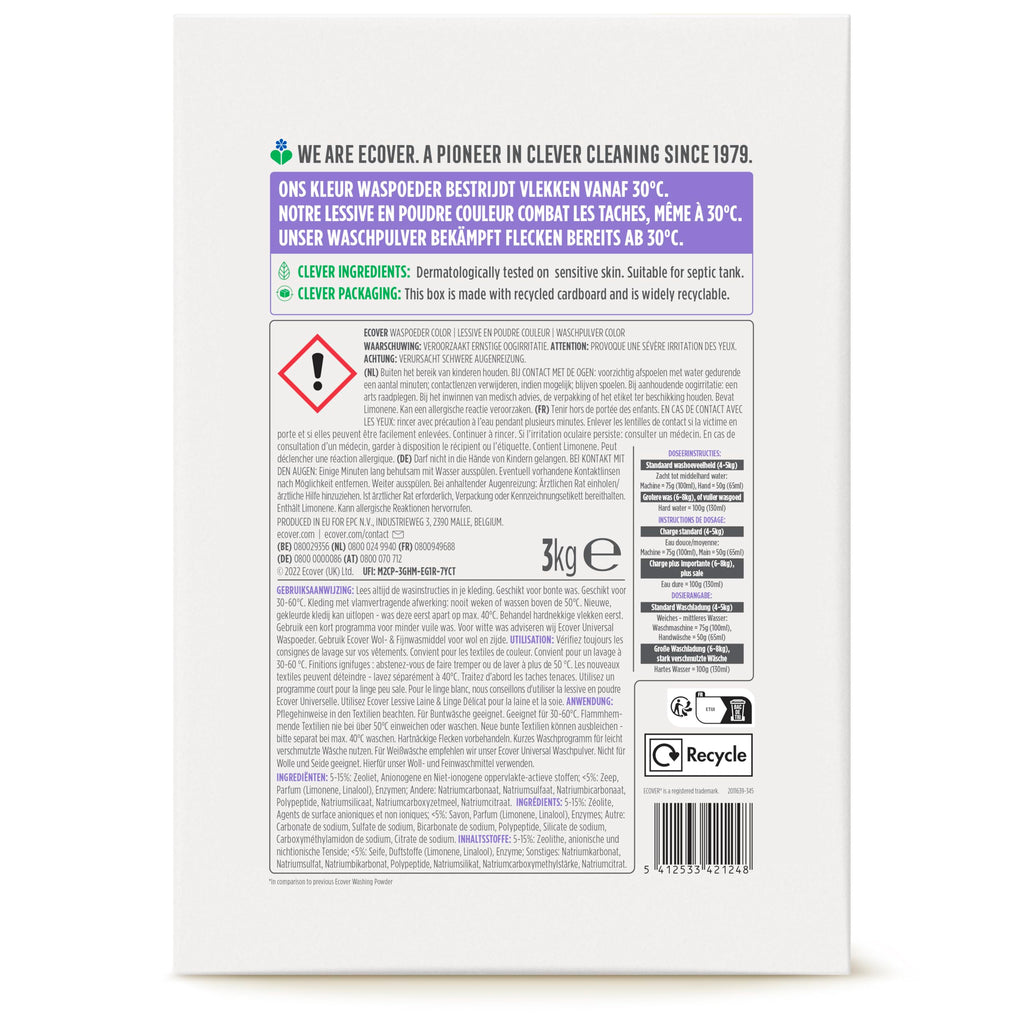 Ecover Colour Washing Powder Concentrate Lavender (3 kg / 40 Washes), Colour Detergent with Plant-Based Ingredients, Detergent Powder for Naturally Pure Coloured Washes, 3 kg
