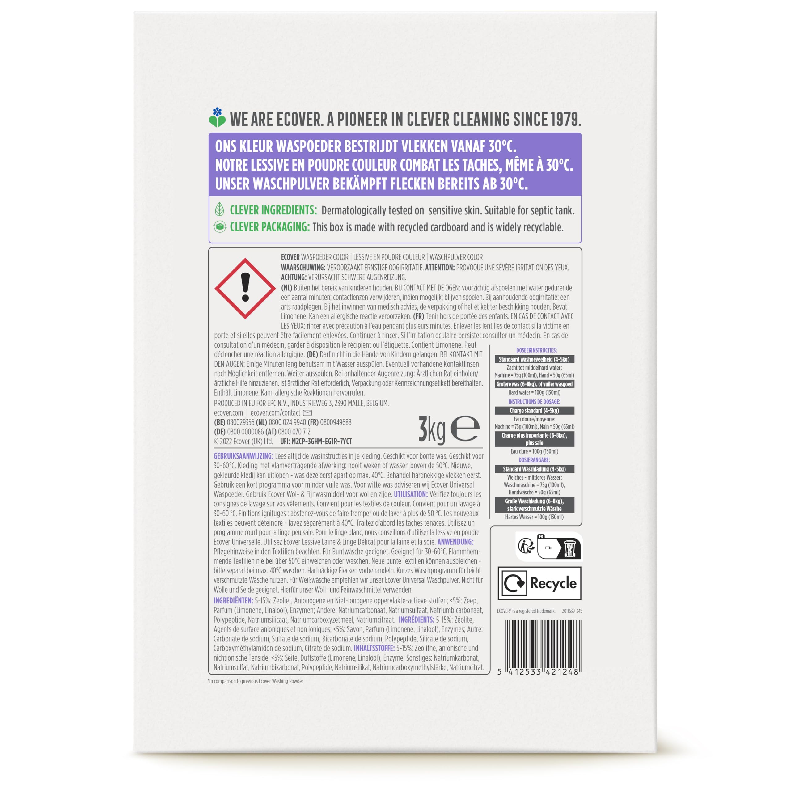 Ecover Colour Washing Powder Concentrate Lavender (3 kg / 40 Washes), Colour Detergent with Plant-Based Ingredients, Detergent Powder for Naturally Pure Coloured Washes, 3 kg