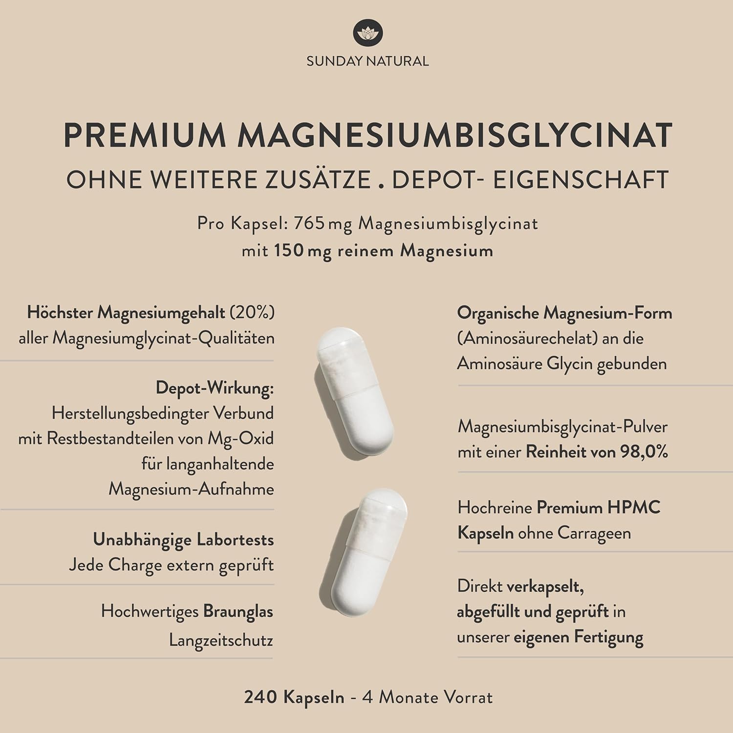 SUNDAY NATURAL® Magnesium Bisglycinat - 240 Kapseln - 300mg reines Magnesium pro Tagesdosis, Hochdosiert - Depot Magnesiumglycinat als organisches Aminosäurechelat - Laborgeprüft, vegan