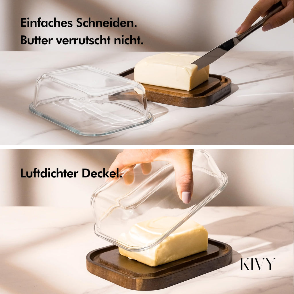 KIVY Butter Dish Glass with Airtight Lid for Smooth Butter - BPA Free - Butter Dishes - Butter Dish - Butter Dish with Lid - Butter Dish with Lid - Butter Box Tin - Butter Box Acacia Wood